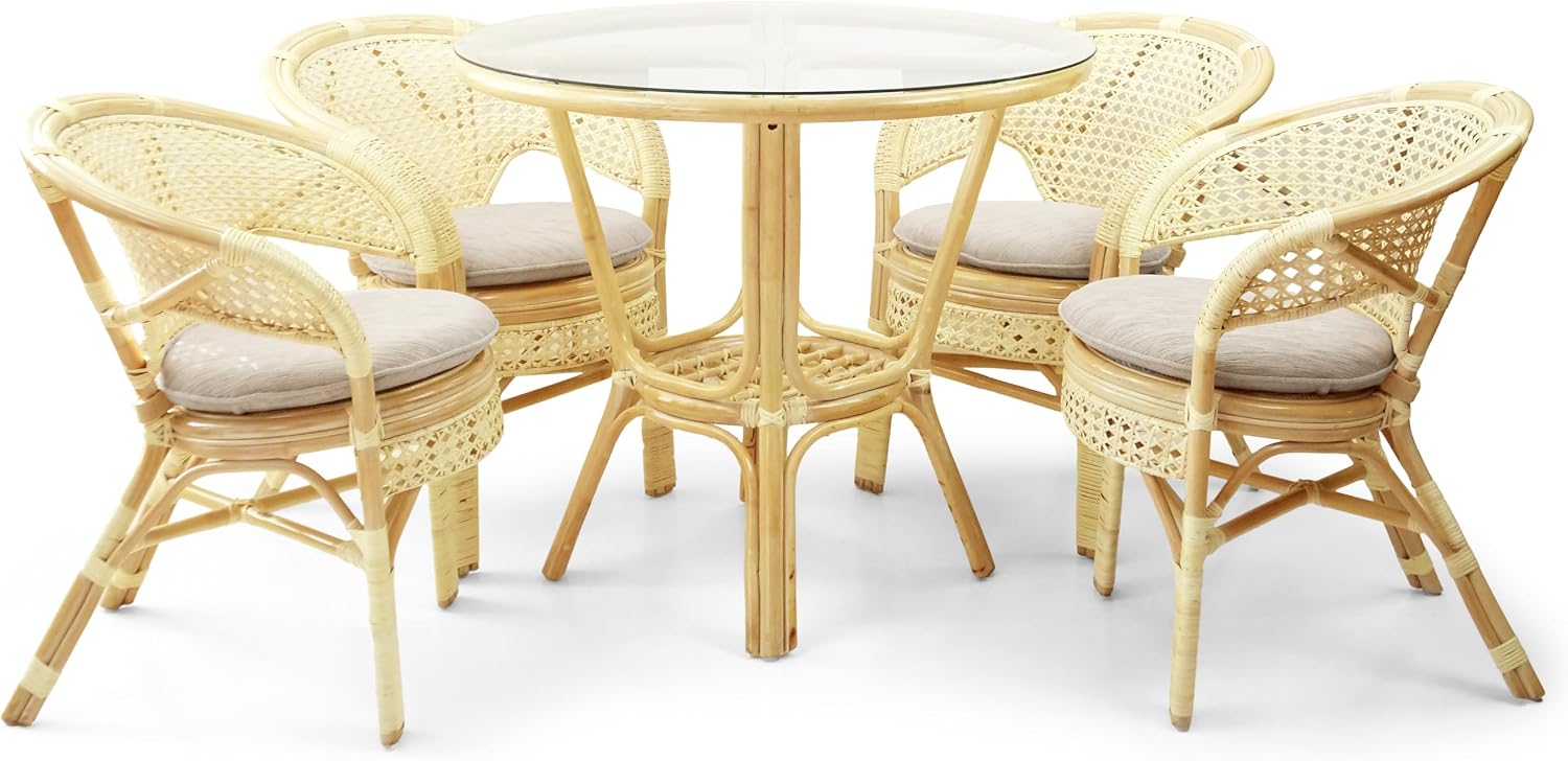 Pelangi Handmade Rattan Dining Wicker Chair Colonial Color w/Cream Cushion