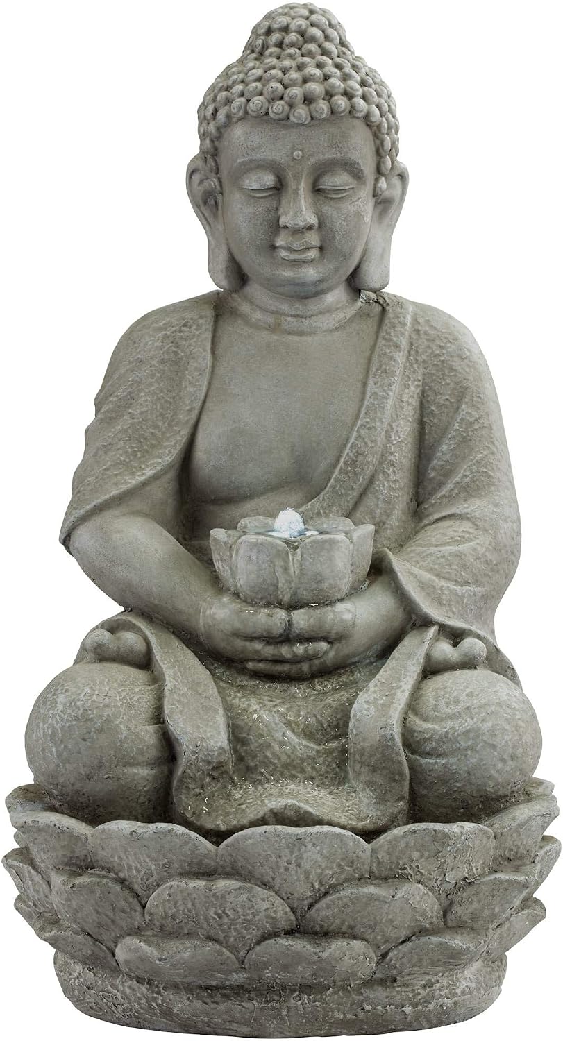 Meditating Buddha 24" High Outdoor Indoor Large Bubbler Fountain with Light | Zen Asian Decor Resin Floor LED Standing Water Feature for Outside Garden Patio Yard Backyard Porch Deck