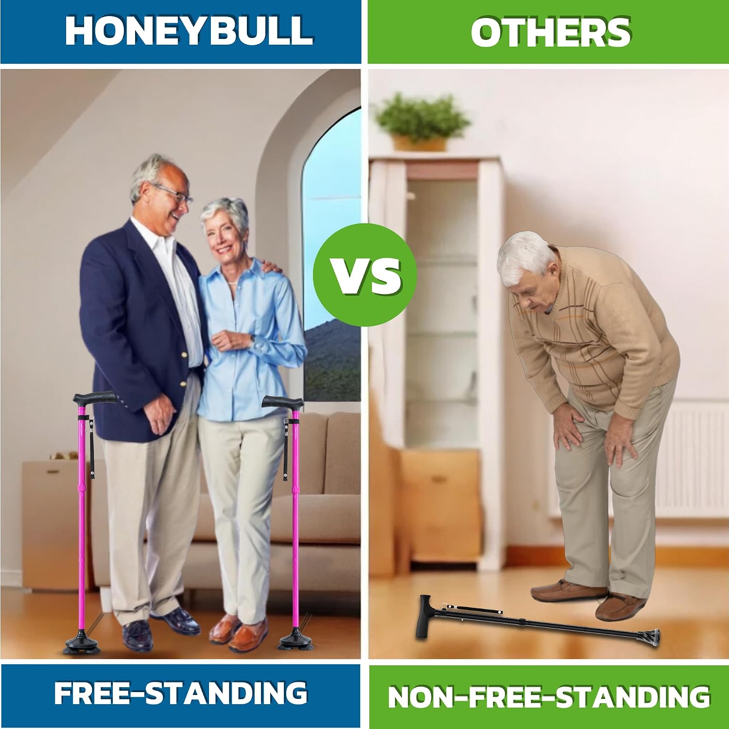 HONEYBULL Walking Cane for Men & Women, Foldable Free Standing Cane | Adjustable height, collapsible design, heavy-duty, pivot base for stable support, ergonomic handle