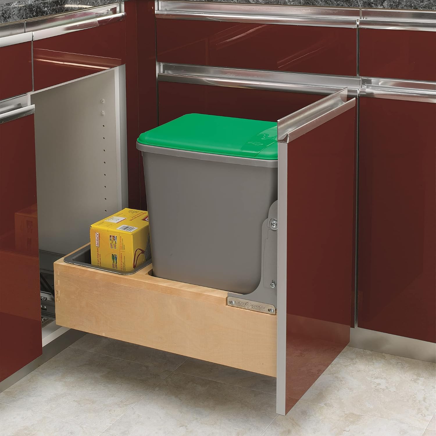 Rev-A-Shelf 35 Qt Bottom Mount Single Pullout Under Cabinet Kitchen Trash Cans for Base Cabinets, 150 Pound Rated Full-Extension Slides, Min Opening Width of 11.5", Silver, 4WCBM-15DM-1