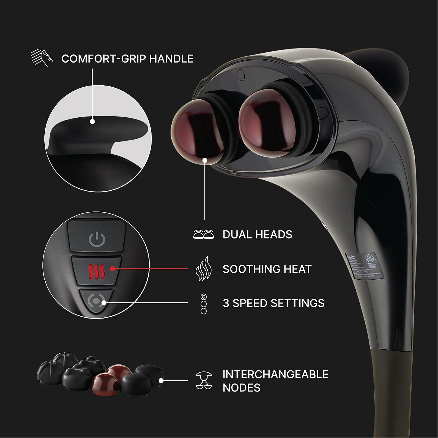 Homedics Handheld Back Massager with Heat, Deep Tissue Percussion Massager | Neck, Shoulders & Body Massage, 4 Custom Attachment Sets, Dual Node