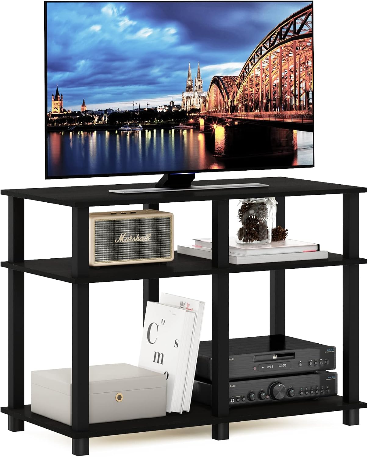 Furinno Turn-S-Tube No Tools 3-Tier Entertainment TV Stands, Dark Cherry and Black