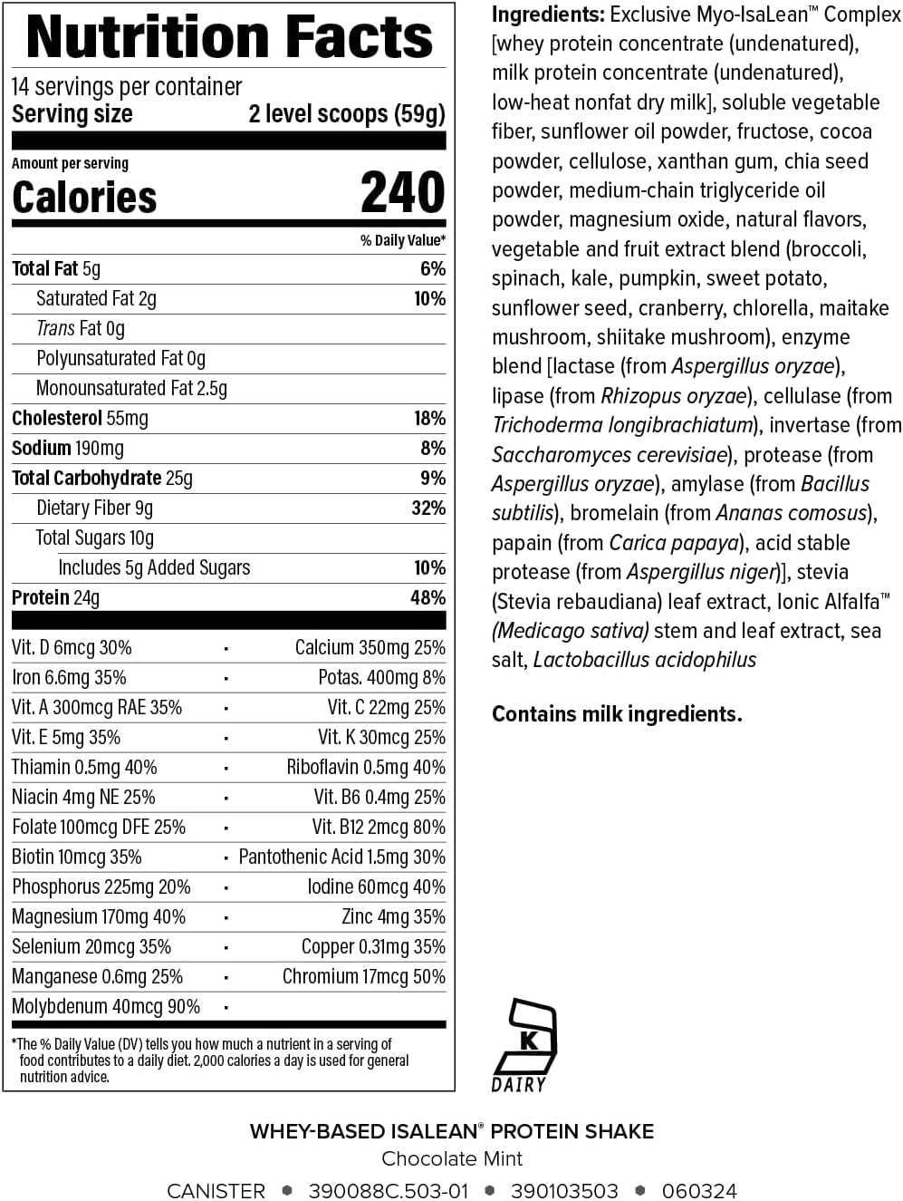 IsaLean Protein Shake - Complete Nutrition for Maintaining Healthy Weight & Lean Muscle Growth Enhanced with MCT Oil - 24 Vitamins & Minerals - 28.1 oz - 14 Meal Canister - Creamy Chocolate