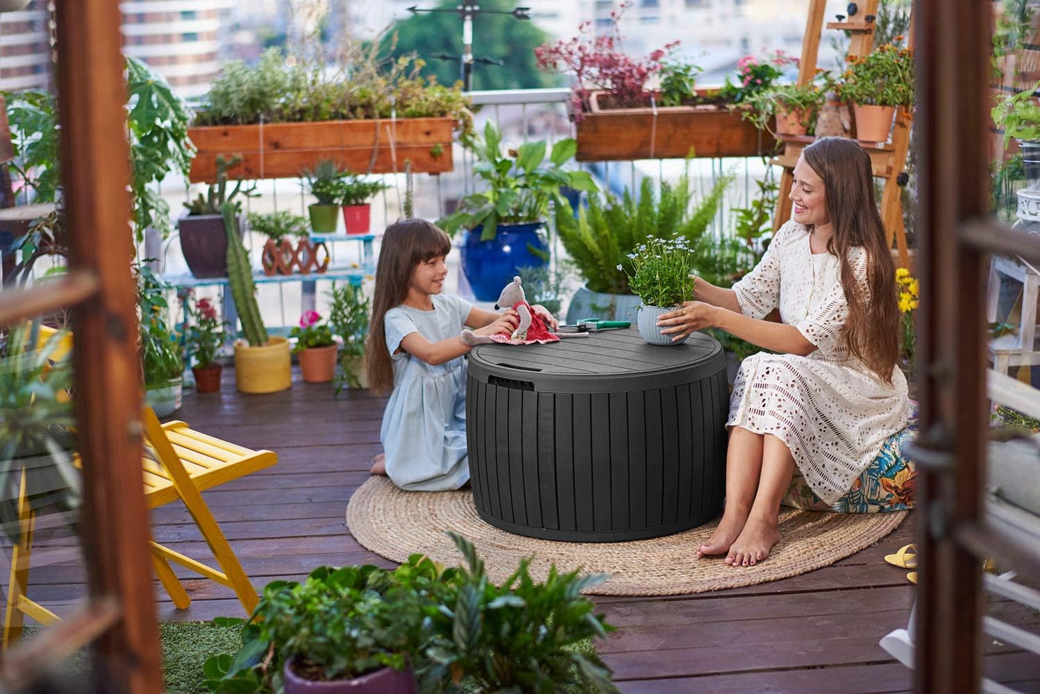 Keter Circa Outdoor Storage Deck Box, 37 Gallon, Brown | Doubles as Ottoman Chair or Side Table, Resin Seating for Garden, Pool & Patio