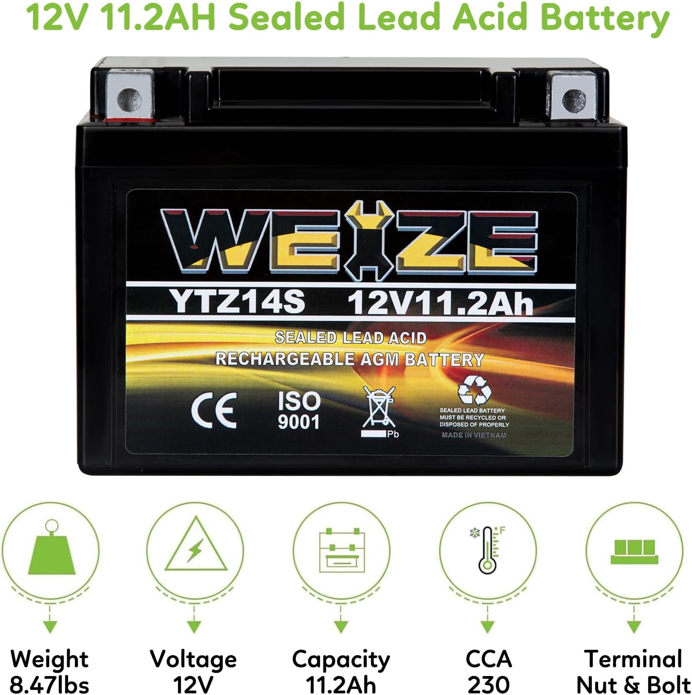 Weize YTX14 BS ATV Battery High Performance - Maintenance Free - Sealed AGM YTX14-BS Motorcycle Battery compatible with Honda Suzuki Kawasaki Yamaha scooter snowmobile