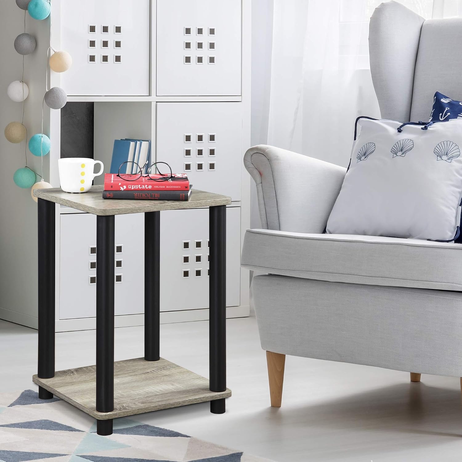 Furinno Turn-N-Tube End Table Corner Shelves, Set of 2, Dark Cherry/Black | Stackable Modern End Table with Open Shelf, Night Stand, Bedside Table, for Living Room, Bedroom