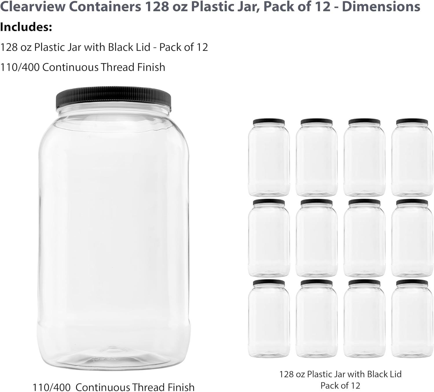 1 Pack - 128 oz (1 Gallon) Plastic Storage Jars with 110-400 Leak Proof Black Lids, Food Grade, BPA Free, Hand Wash Only (128oz, BLK, 1PK)