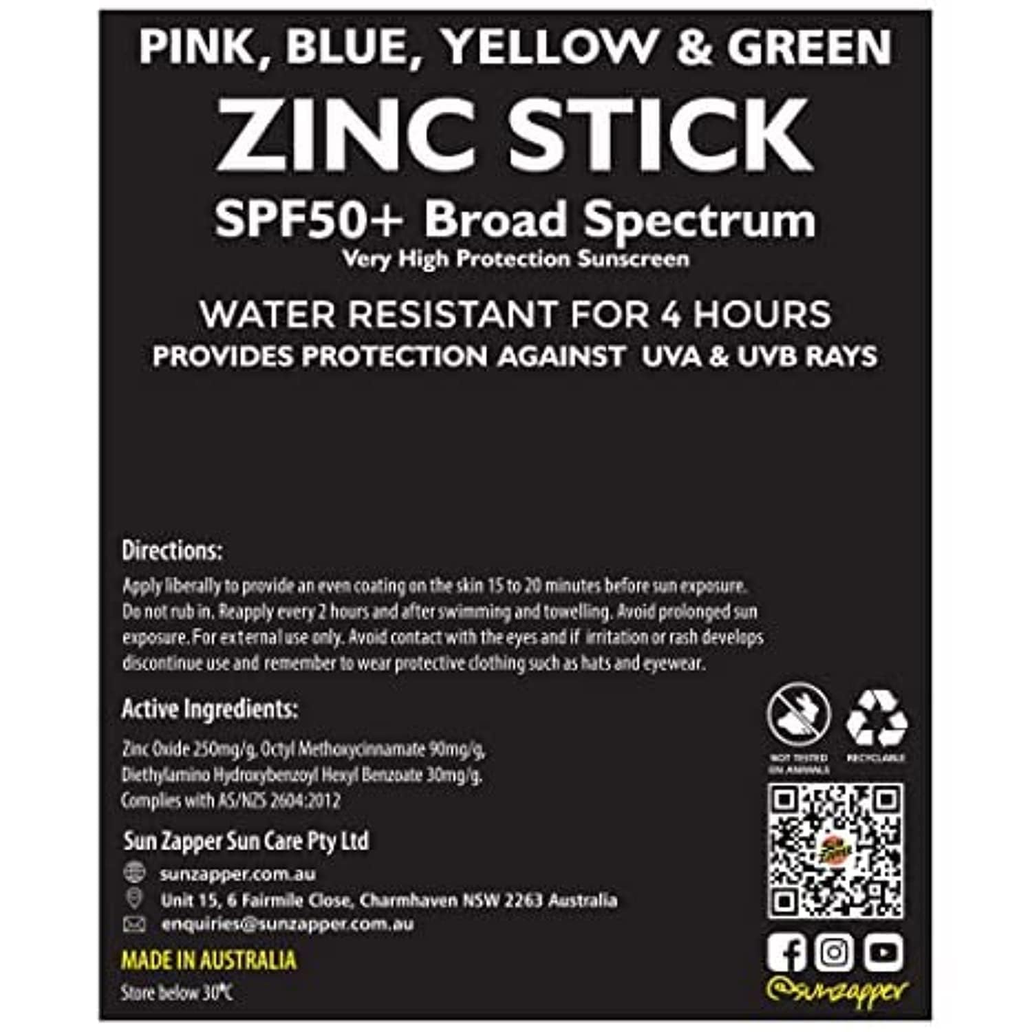 Sun Zapper Zinc Oxide Mineral Sunscreen Stick – SPF 50+ Water Resistant – 4-Pack (Pink, Blue, Green