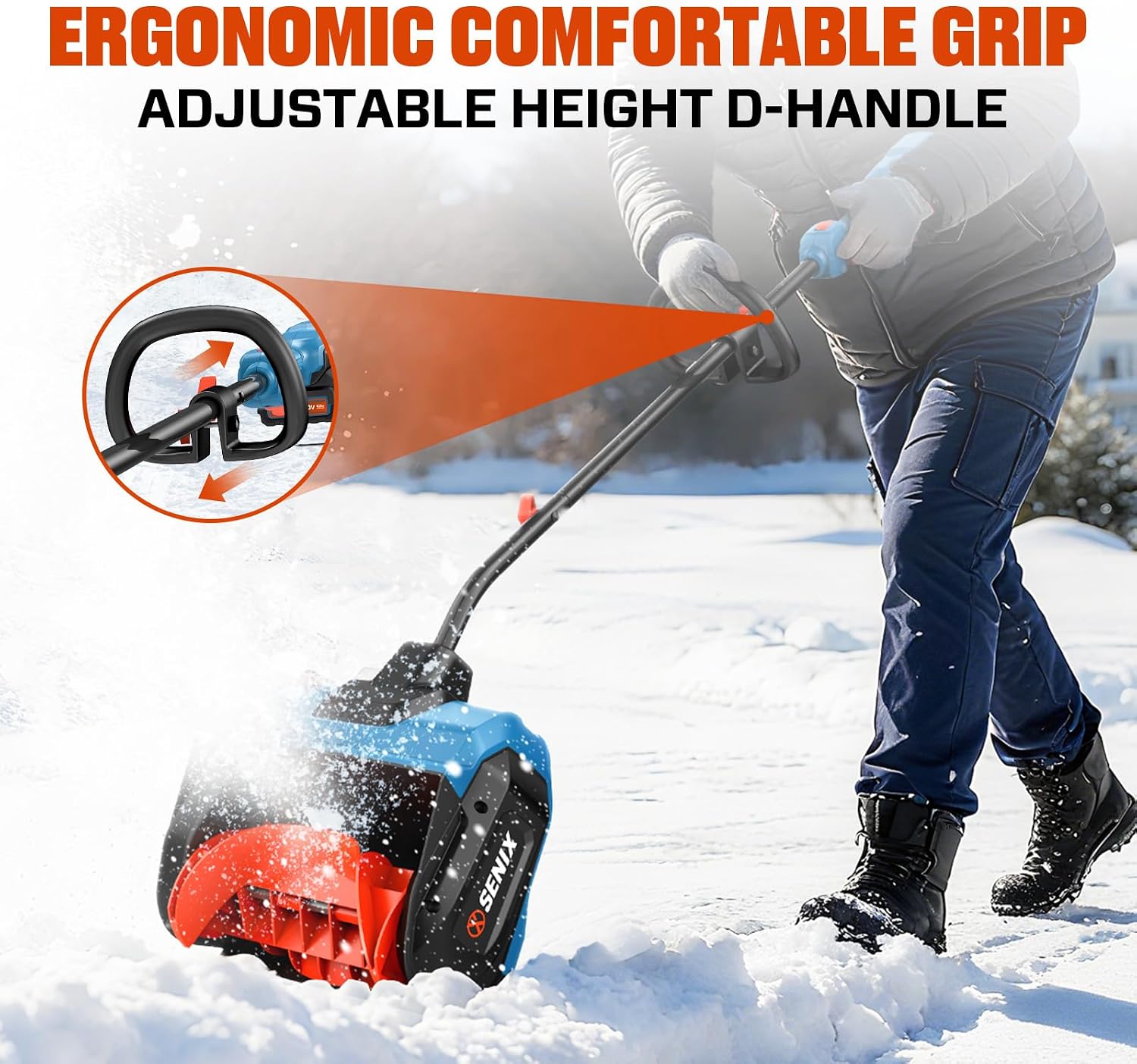 SENIX Cordless Snow Shovel, 40V | 13-Inch | 6-Inch | 8000mAh Snow Blower | 20FT Max Throw Distance, Plows 375lbs/Min, with Auxiliary Handle for Patio, Deck, Driveway
