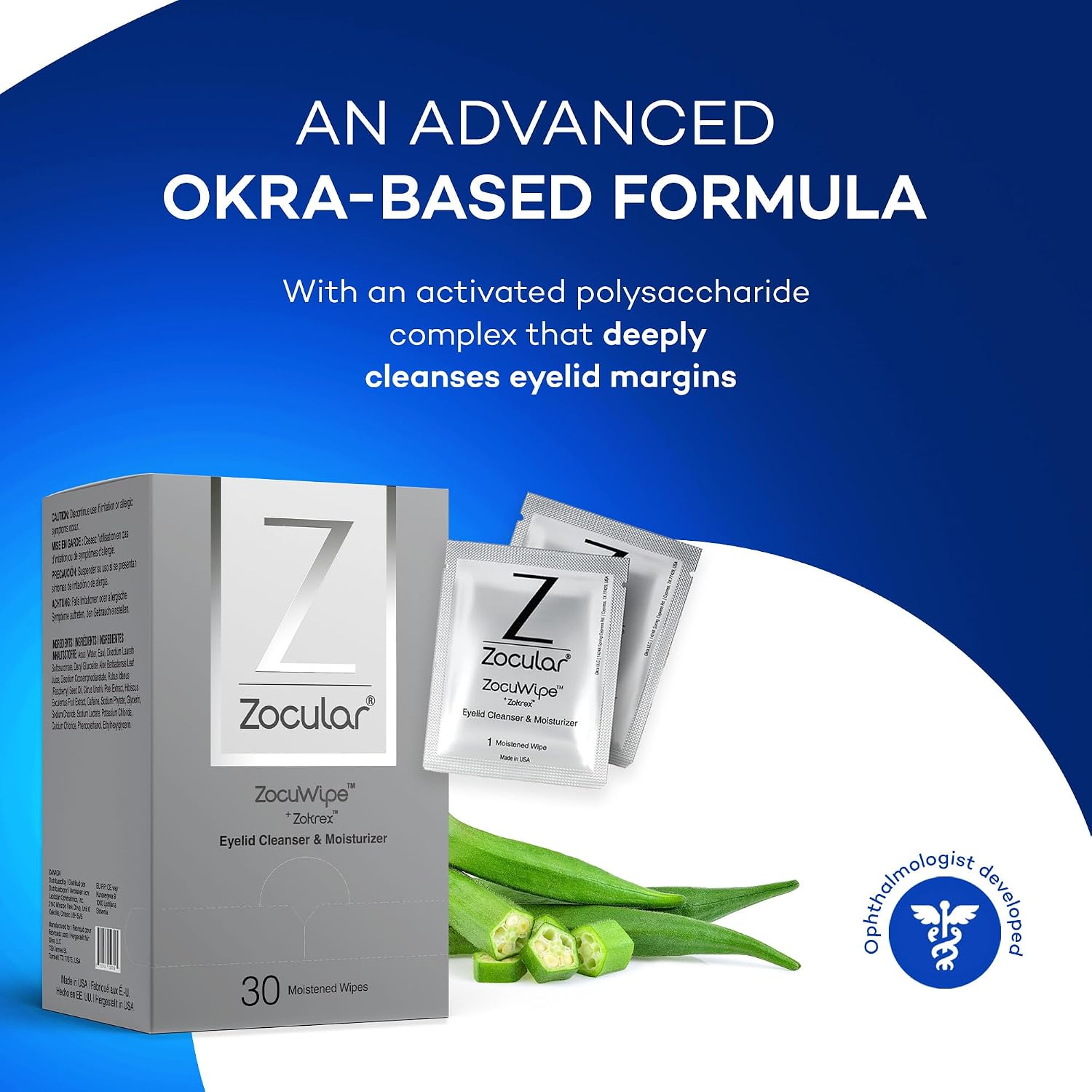 Zocular Zocuwipe Eyelid Wipes, Gentle Cleansing & Moisturizing, 30 Count | Okra-based Cleansing Formula, Eyelid Hygiene, Eyelid Comfort, Individually Wrapped, Rinse Free, Ophthalmologist-Developed