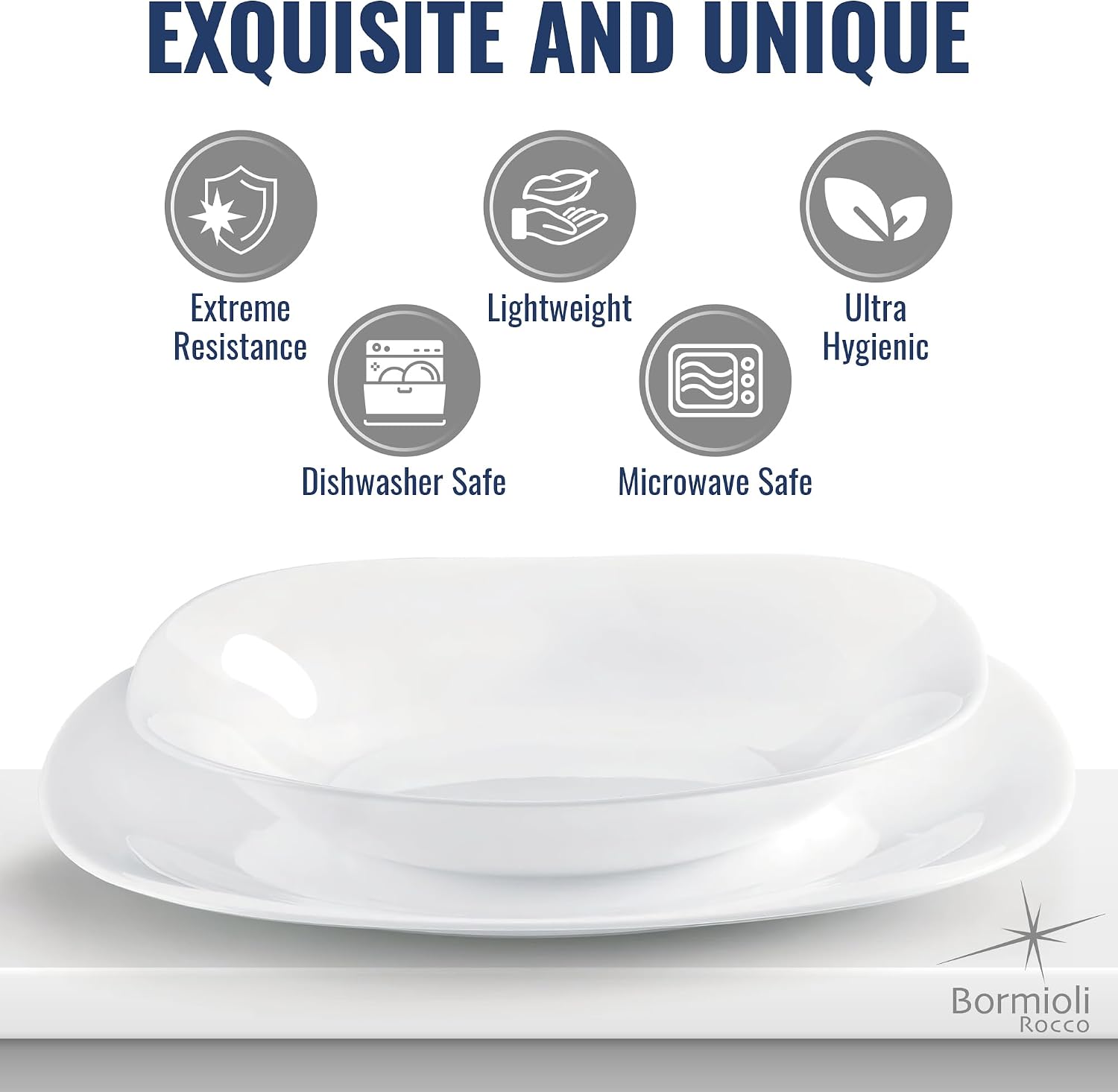 Bormioli Rocco Parma Set Of 6 Pasta Bowls And Soup Plates, 8.75 Inch Tempered Opal Glass, Clean White, Linear & Curved Design, Dishwasher Safe