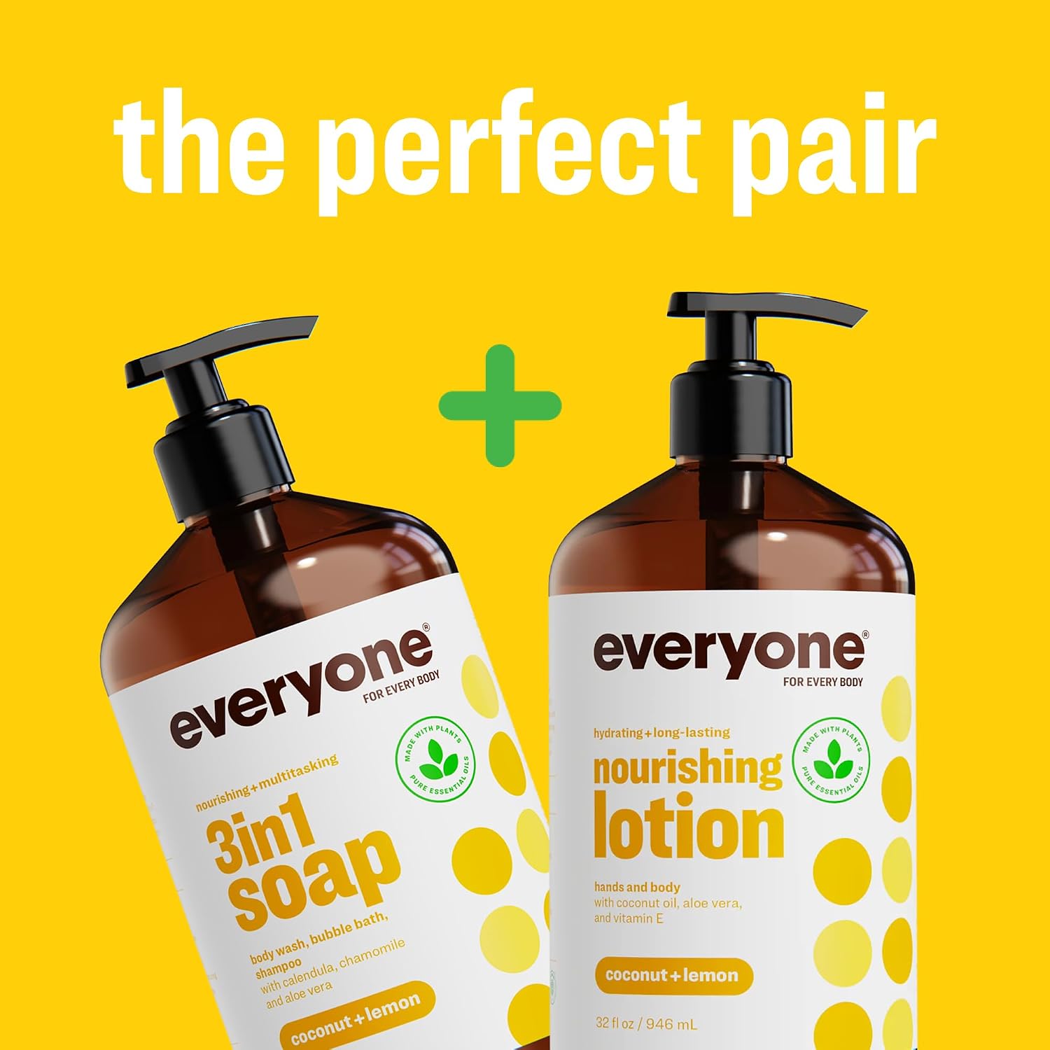 Everyone 3-in-1 Soap Body Wash Bubble Bath Shampoo Coconut Lemon 32oz 2pk | Natural essential oil formula | body wash | shampoo | bubble bath in one | coconut lemon scent | bulk value 2-pack