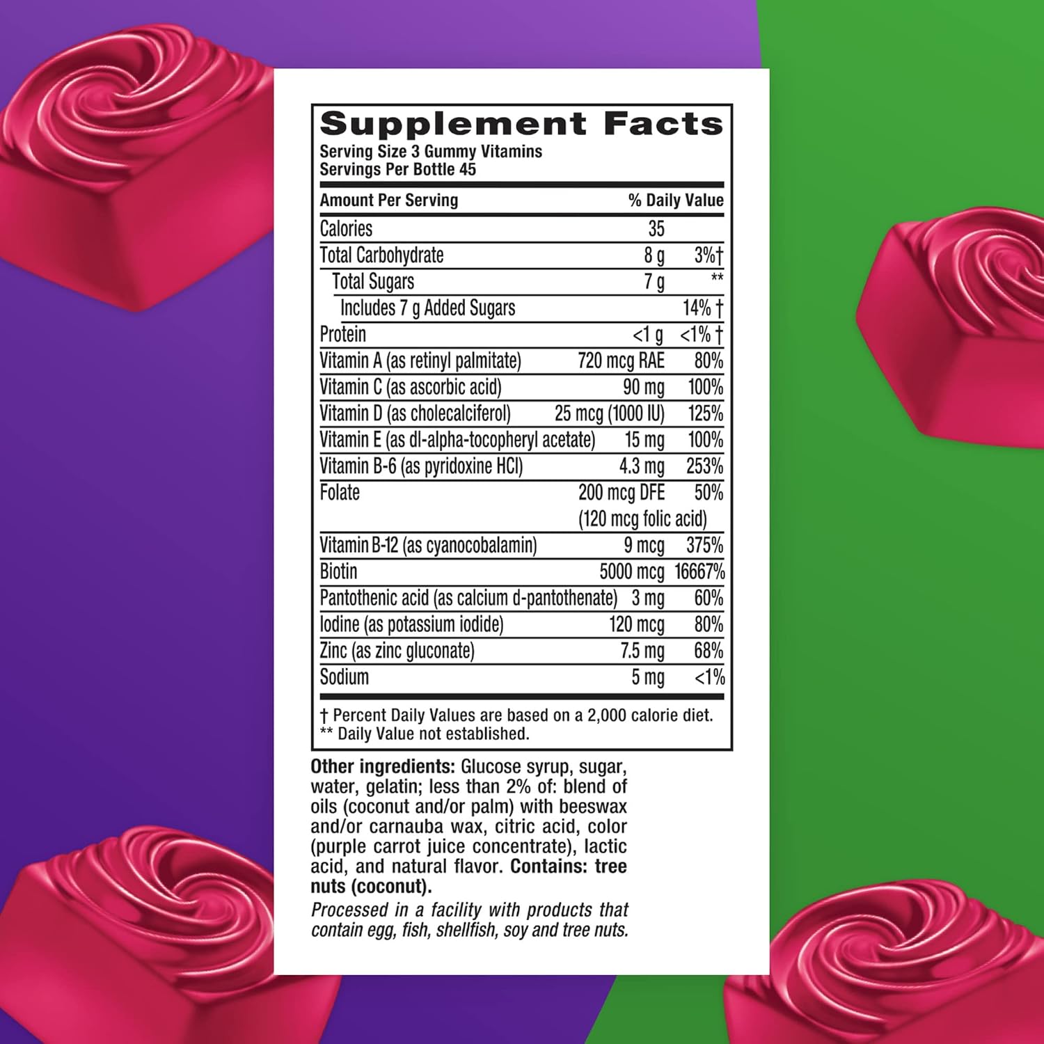 Vitafusion Hair Skin and Nails Gummies | Biotin 5000mcg | 100 Count | Gummy Vitamins for Adult Women & Men | Berry Flavor | Gluten-Free Multivitamin Supplement