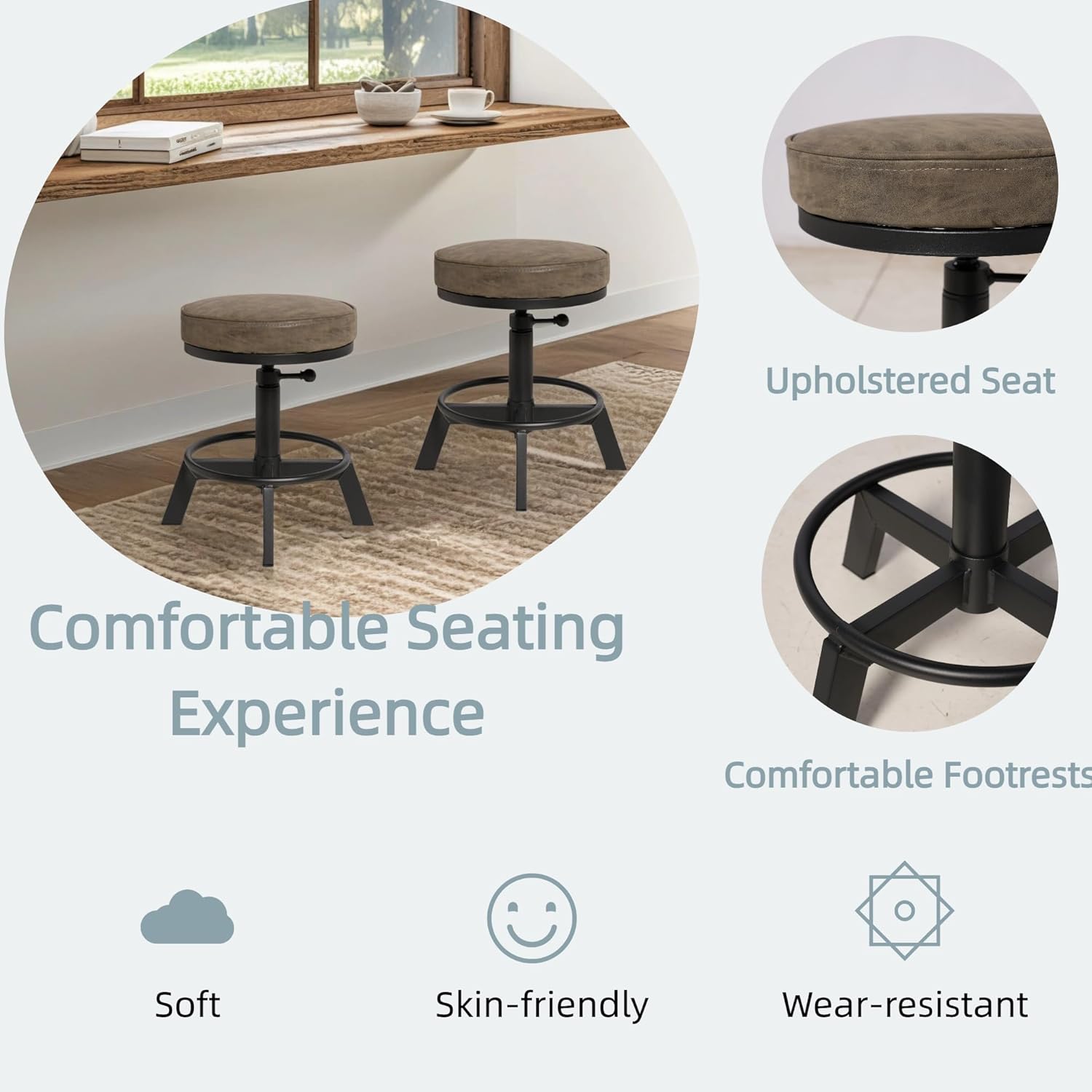 Set of 2 Industrial Bar Stools Short Stool Swivel Wooden Seat Kitchen Island Chairs Counter Height Adjustable 15.2-21inch