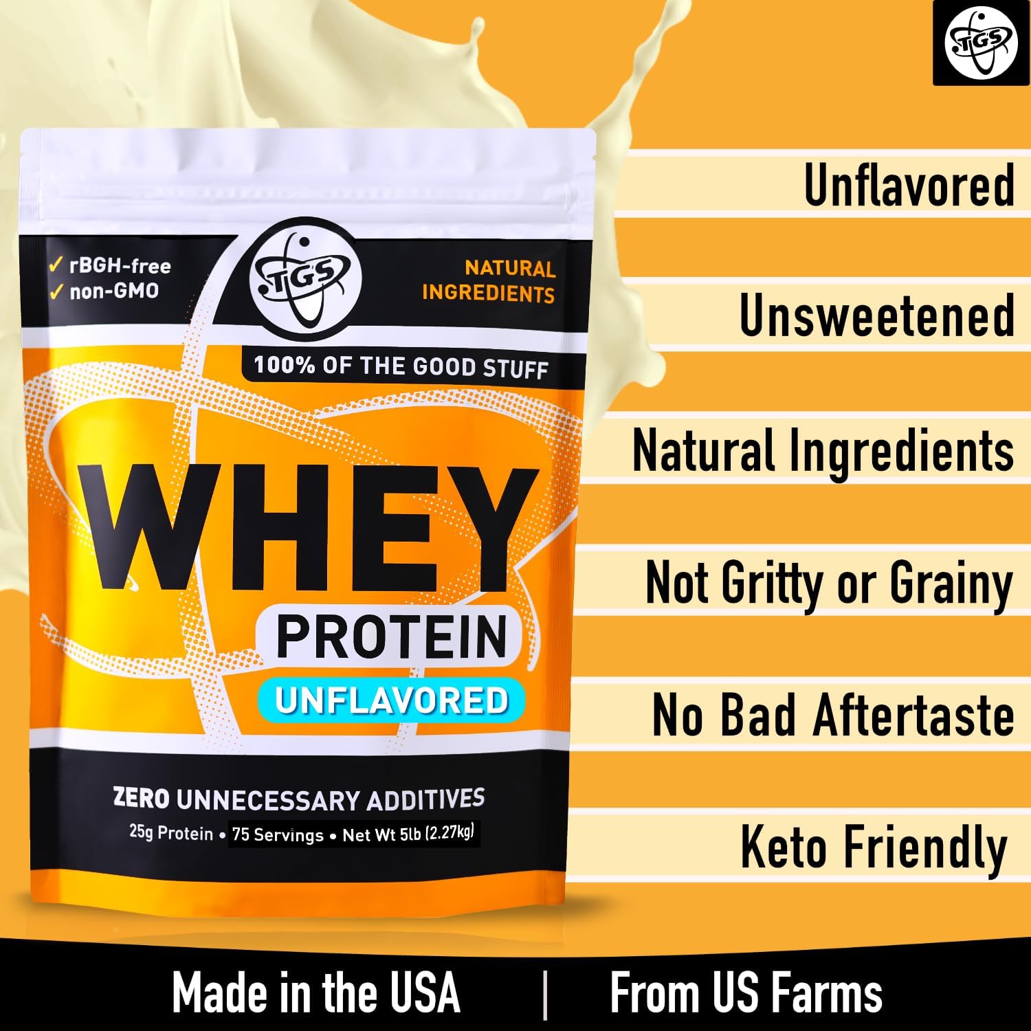 Whey Protein Powder Unflavored, Unsweetened - No Artificial Ingredients for Men & Women - 2lb Soy-Free, No Gluten, Keto Friendly - Post Workout Muscle Recovery