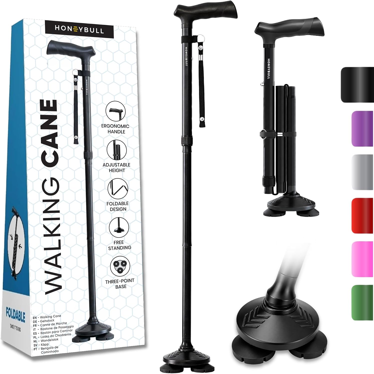 HONEYBULL Walking Cane for Men & Women, Foldable Free Standing Cane | Adjustable height, collapsible design, heavy-duty, pivot base for stable support, ergonomic handle