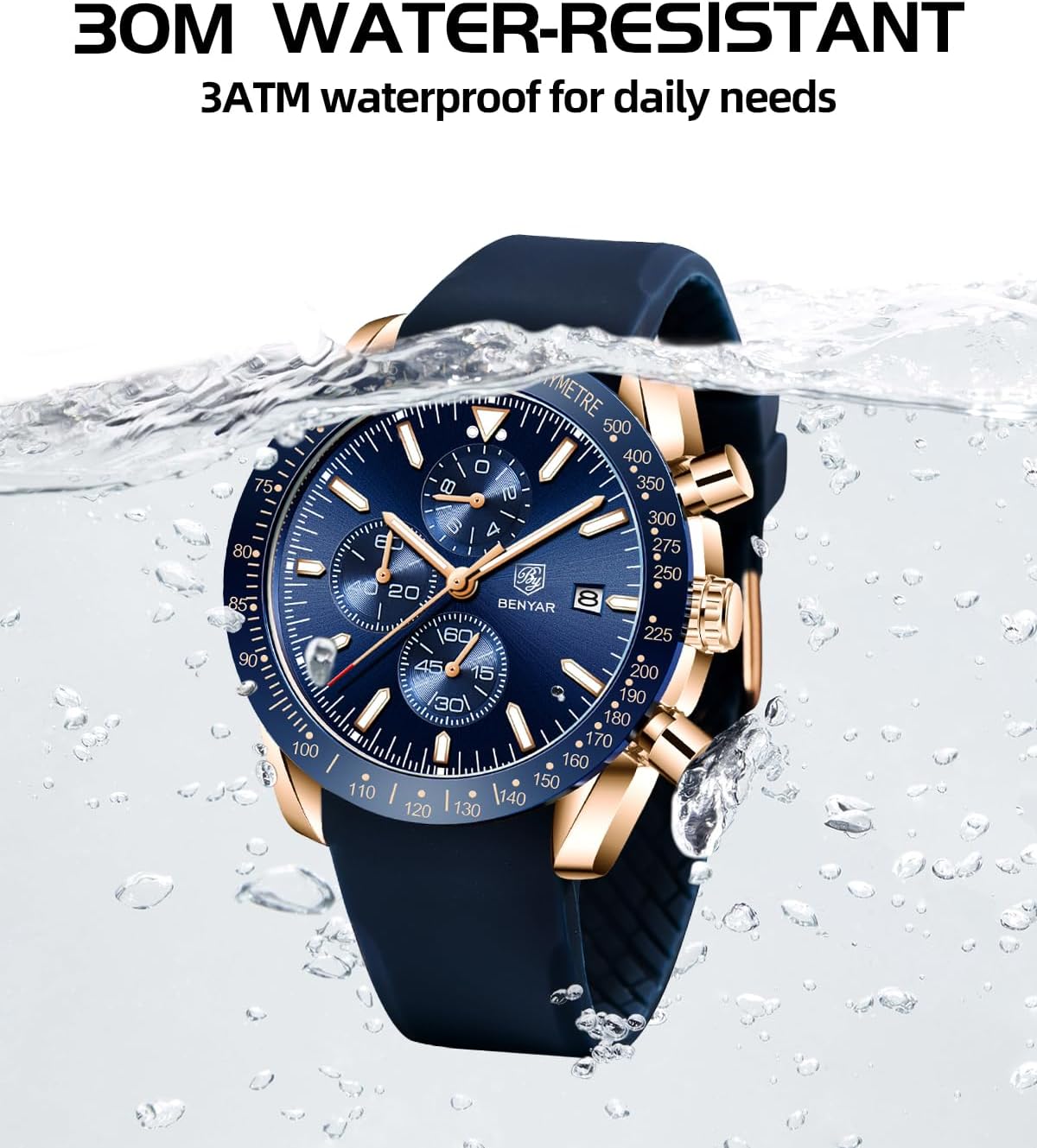BENYAR Watch for Men Analog Quartz Chronograph Waterproof Luminous Designer Mens Wrist Watches Business Work Sport Casual Dress Watch with Silicone Strap Elegant Gifts for Men