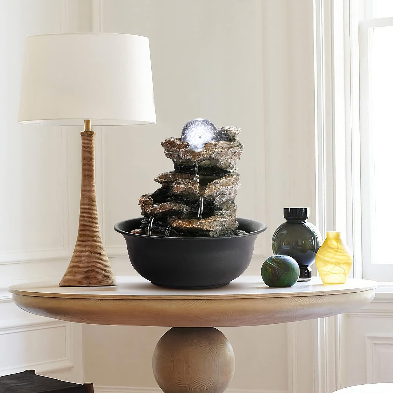 WICHEMI Indoor Water Fountain Tabletop Fountain Stacked Rock with LED Light | Relaxing Water Feature, Meditation Fountain, Soothing Sound, Stress Relief, For Home Office Bedroom Decor, 7.8"x7.8"x7.9"