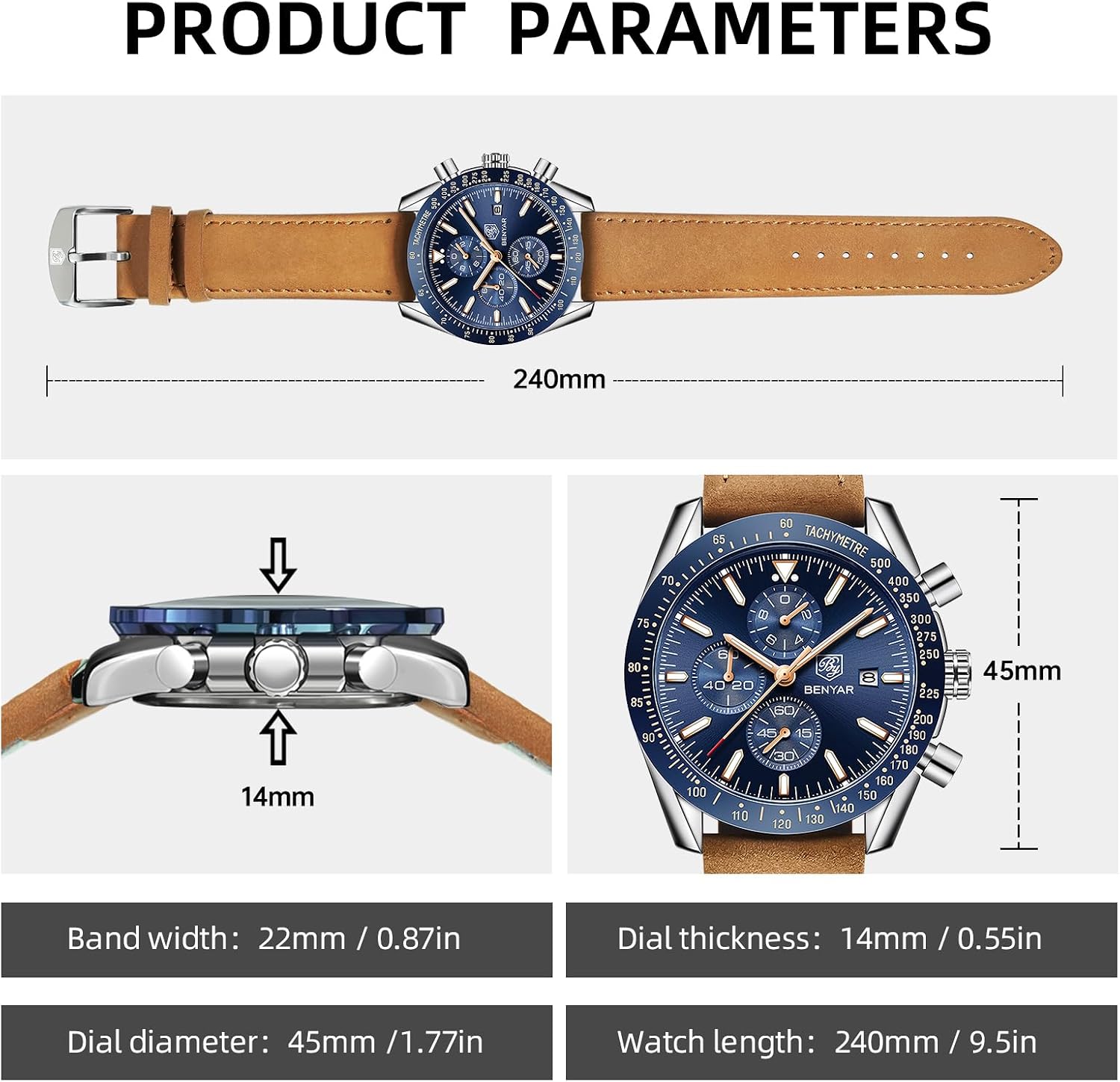 BENYAR Watch for Men Analog Quartz Chronograph Waterproof Luminous Designer Mens Wrist Watches Business Work Sport Casual Dress Watch with Silicone Strap Elegant Gifts for Men