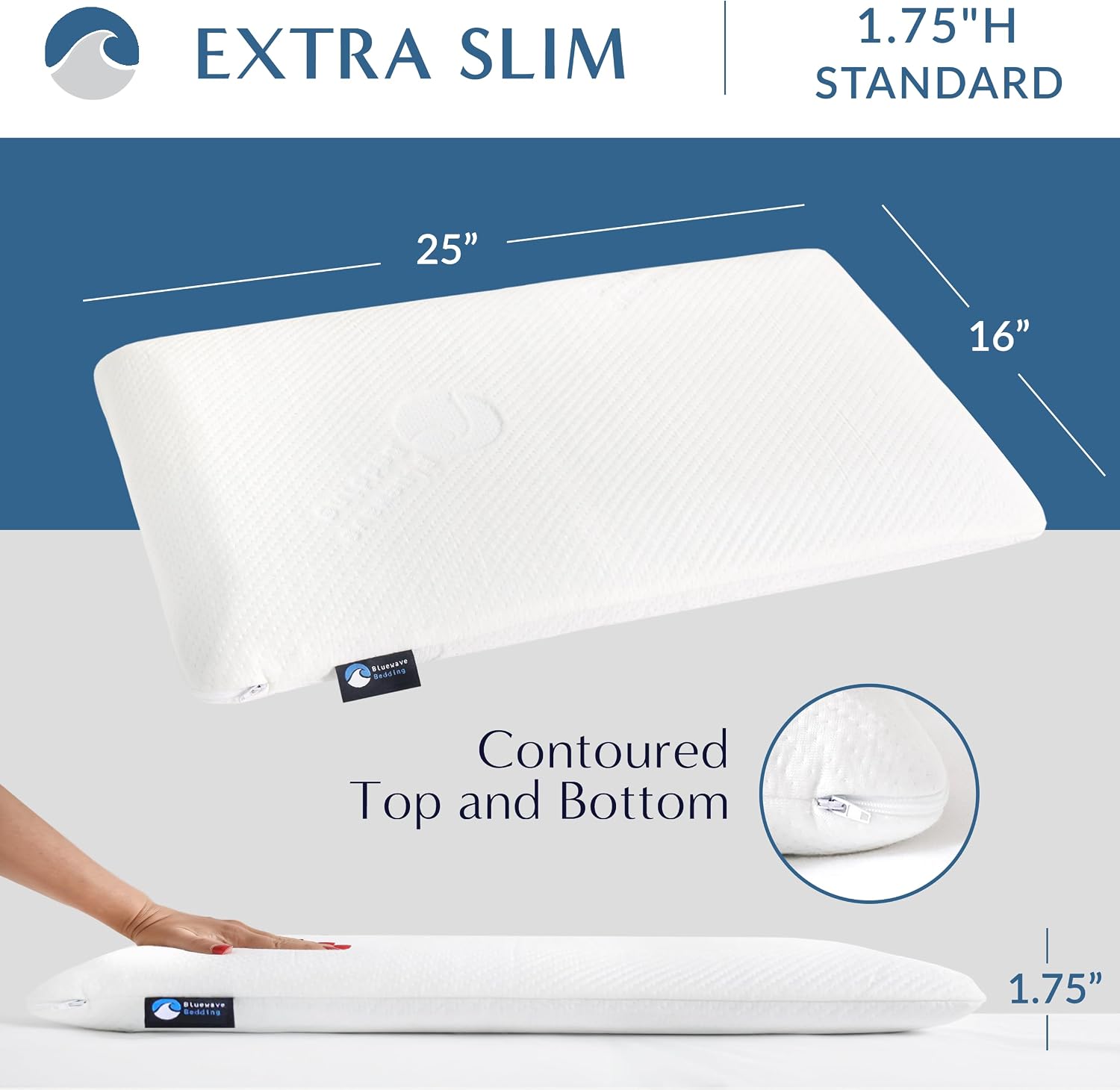 Bluewave Bedding Hyper Slim Gel Memory Foam Pillow for Stomach and Back Sleepers - Thin