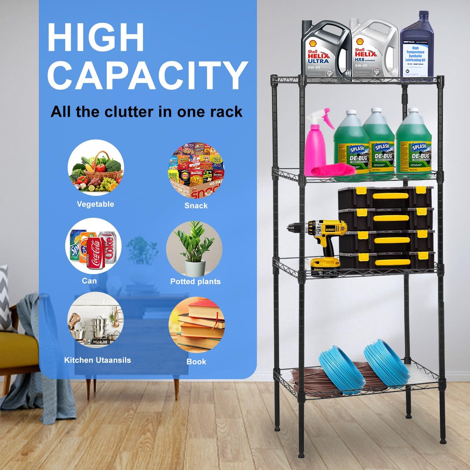 PayLessHere | 6-Tier Wire Shelf with Wheels | 45"x18"x82" | Black