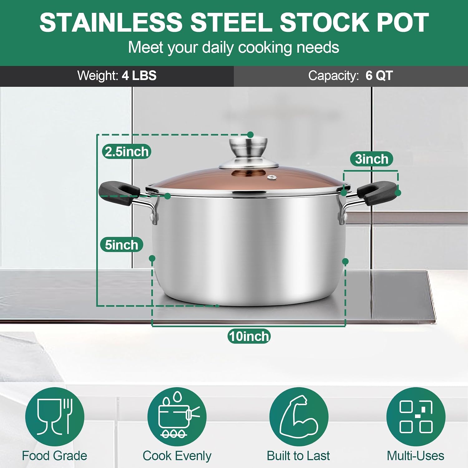 TeamFar 4 Quart Stock Pot, Stainless Steel Stock Pasta Soup Pot with Lid