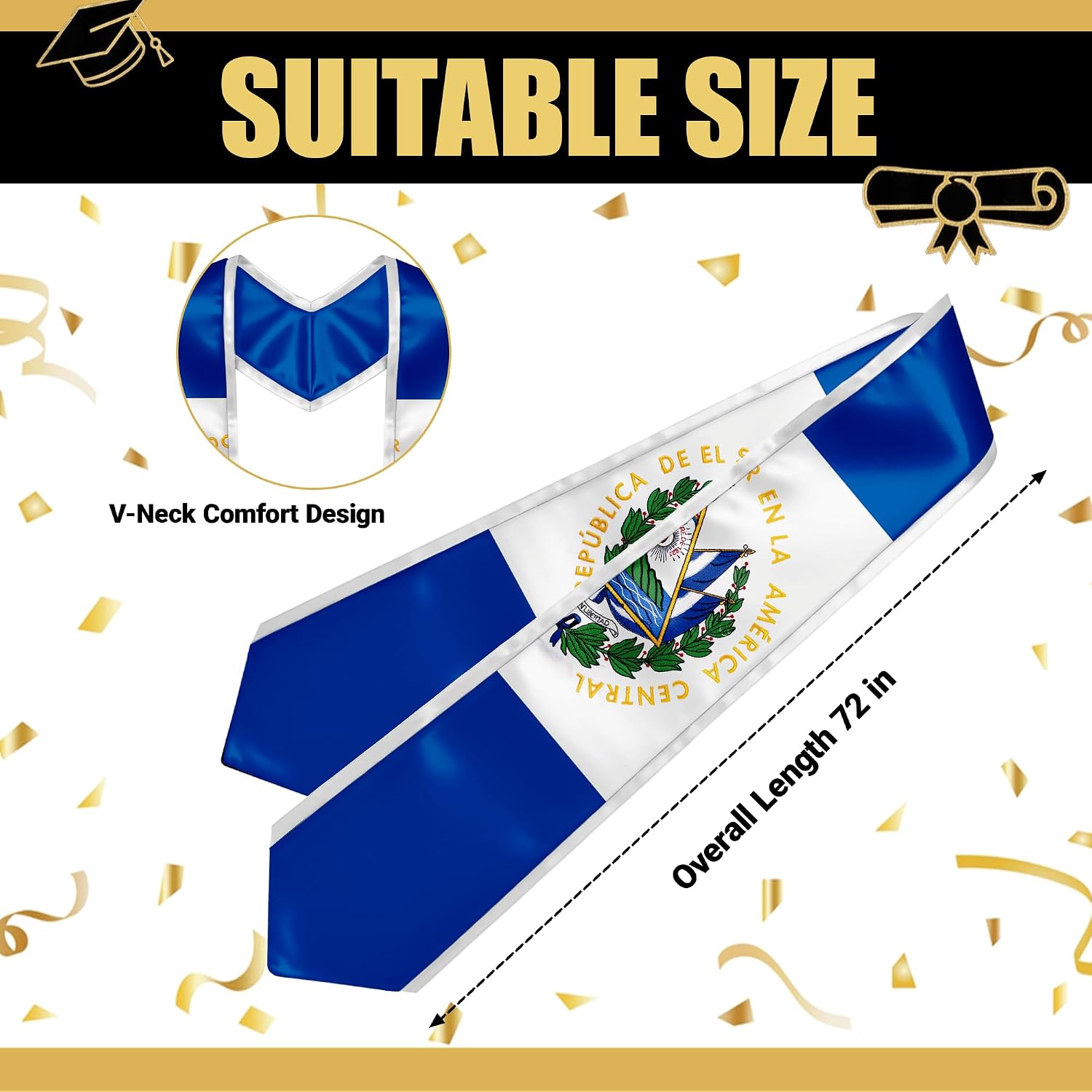 YOXEULL National Flag Embroidered Graduation Stole with Trim, Graduation Sash Graduates Gift, 72"
