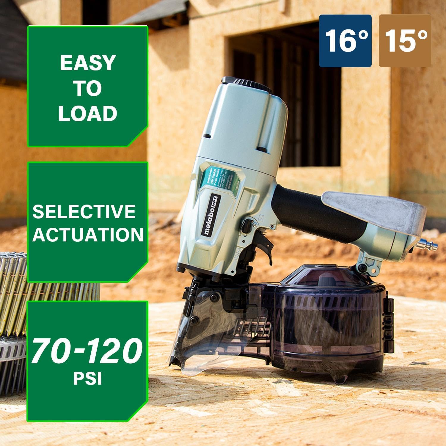 Metabo HPT Pneumatic Coil Nailer for Siding and Framing, NV75A5 | 16° Wire Collated Nails 1-3/4" to 3", 15° Plastic Strip Nails to 2-1/4"