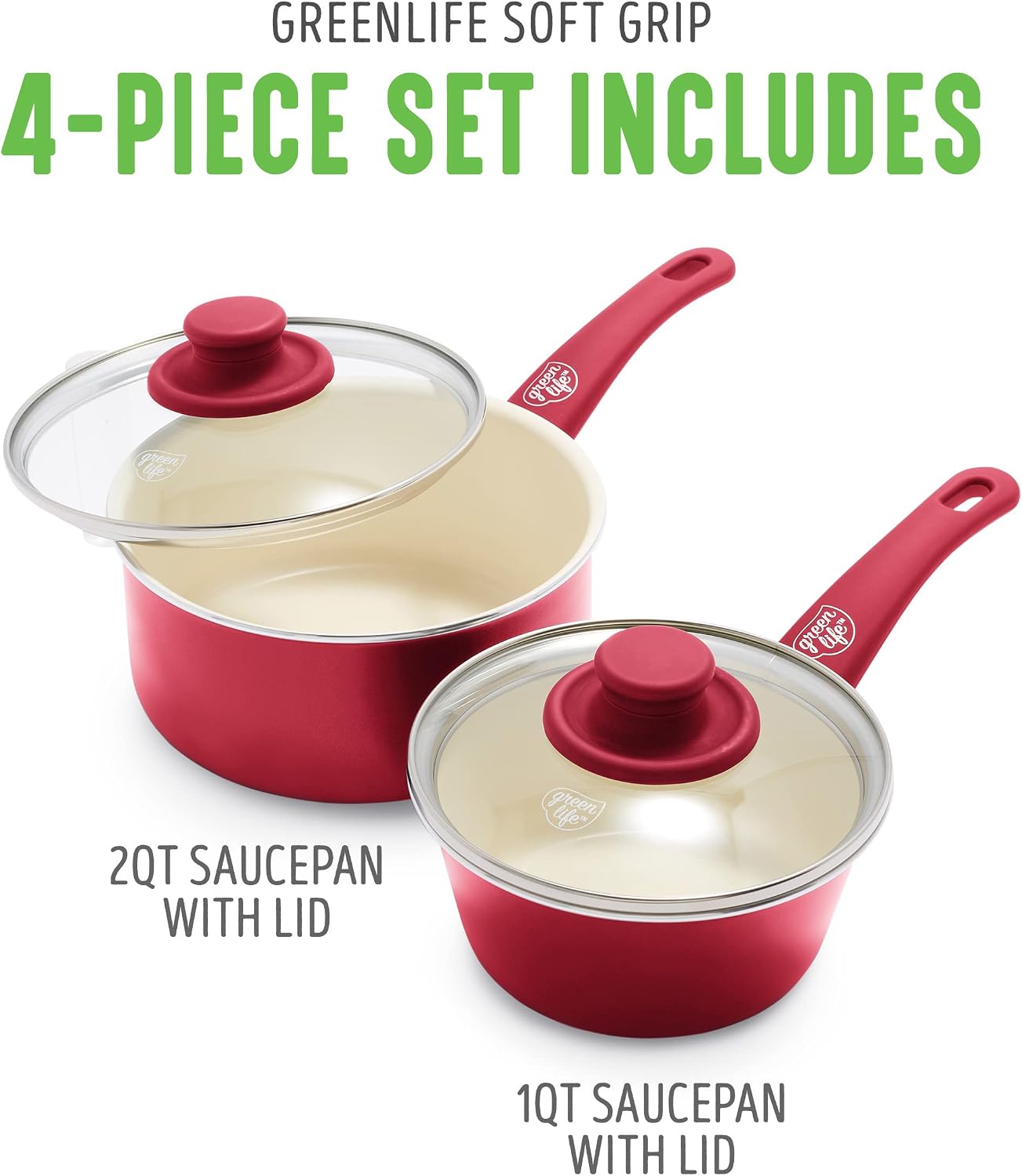 GreenLife Soft Grip 1QT and 2QT Saucepan Set, Healthy Ceramic Nonstick, Non Toxic PFAS & PFOA-Free, Dishwasher Safe, Glass Lids, Stay-Cool Handles, Easy Clean Cookware, Kitchen Essentials, Turquoise
