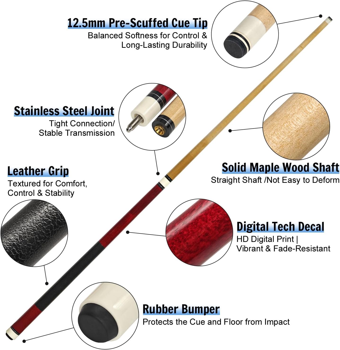 Pool Cue Sticks 4-Pack, 58 Inch Billiard Cues for Home & Bar Play, Solid Maple Wood Pool Sticks with 12.5mm Multi-Layer Leather Tip, Leather Grip