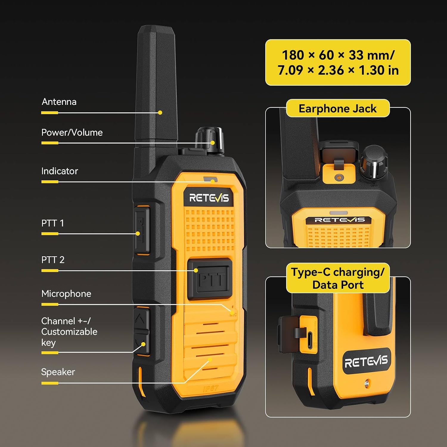 Retevis RB48A IP67 Waterproof Walkie Talkies Long Range Adults | for Manufacturing Construction, Heavy Duty 2 Way Radio, Noise Reduction, Large PTT