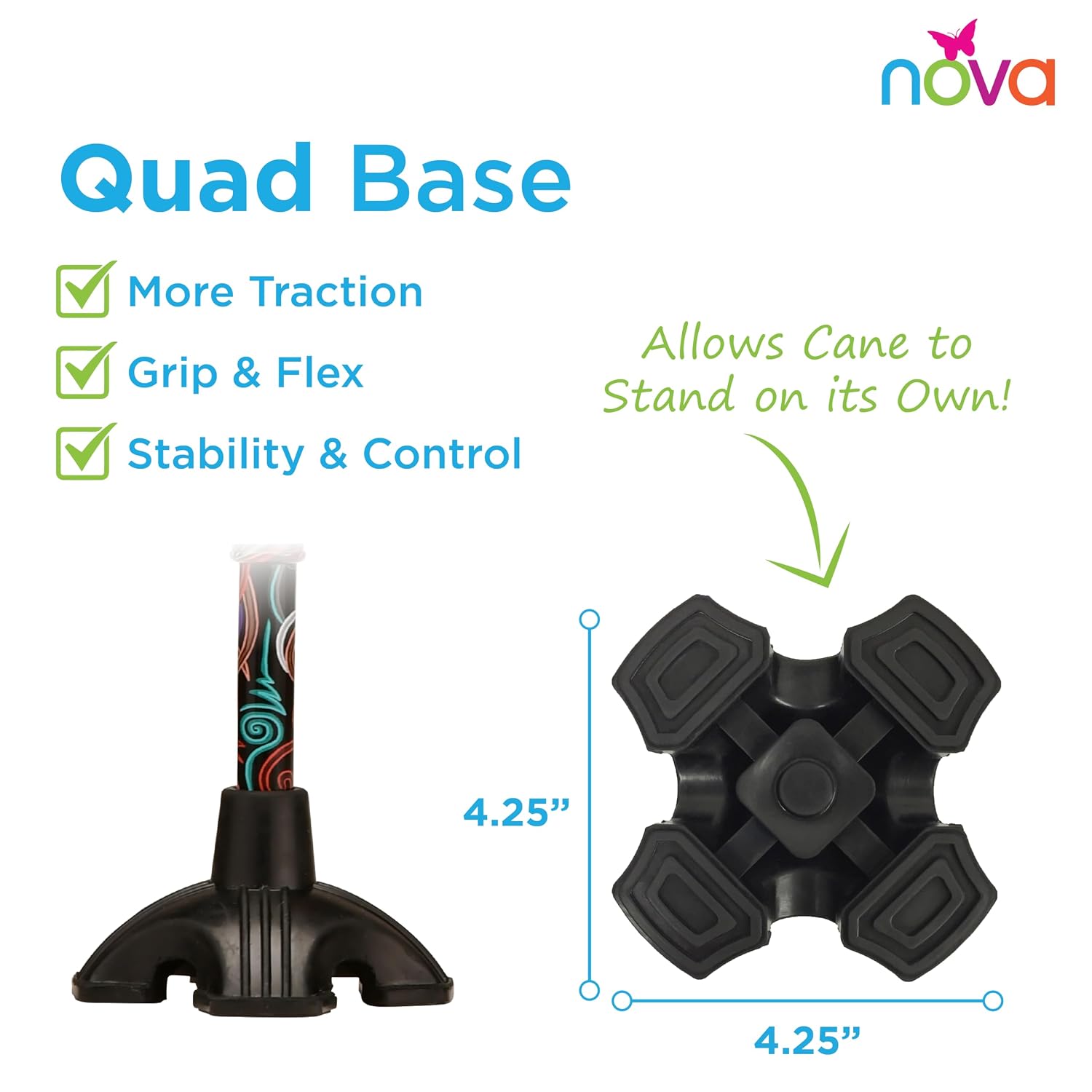 Nova Joy Designer Offset Quad Cane for Seniors - Unisex Adjustable Lightweight Walking Aid with Foam Handle, Wrist Strap and Anti-Rattle Lock - Essential Mobility Support - Maui Flowers