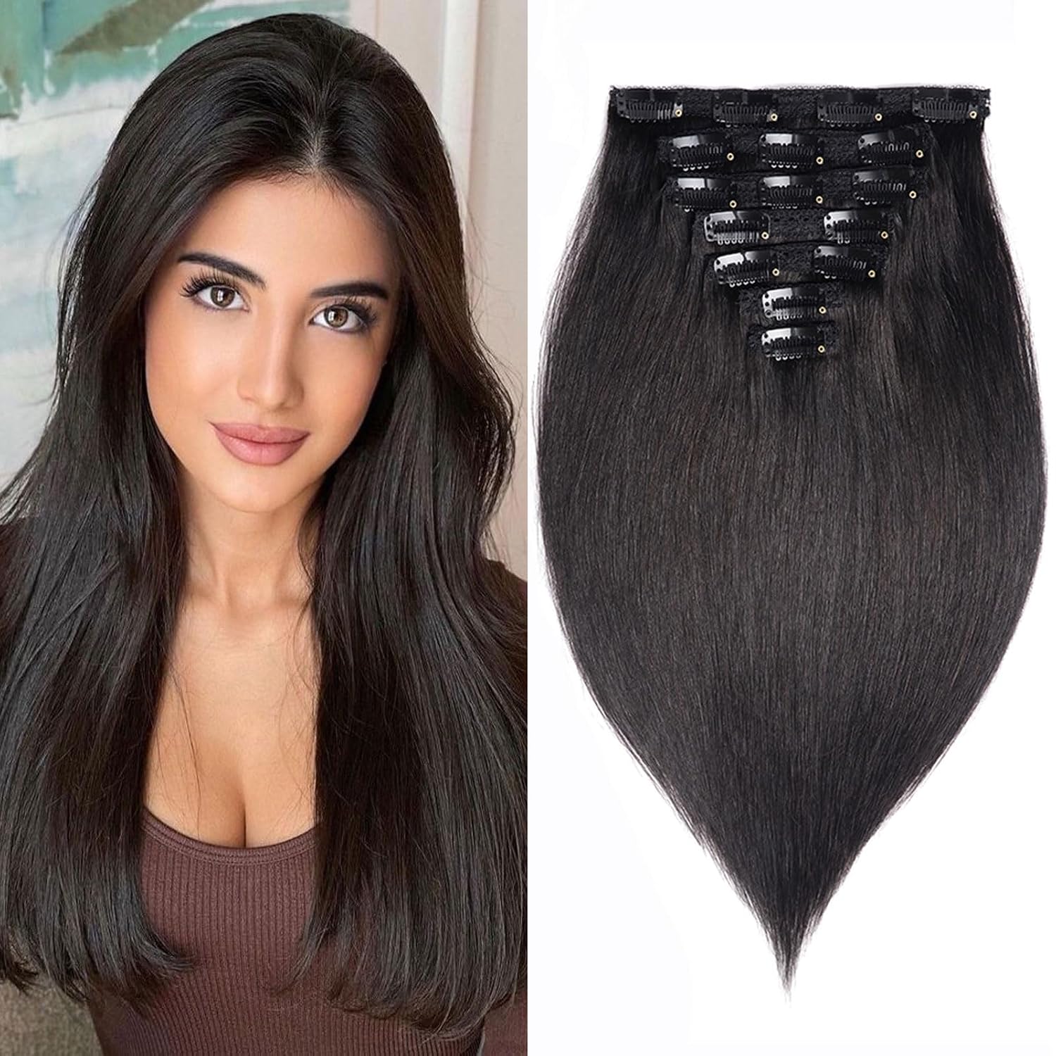 22" Clip in Human Hair Extensions Full Head 200g 10 Pieces 22 Clips Light Brown Double Weft Brazilian Real Remy Hair Extensions Thick Straight (22"