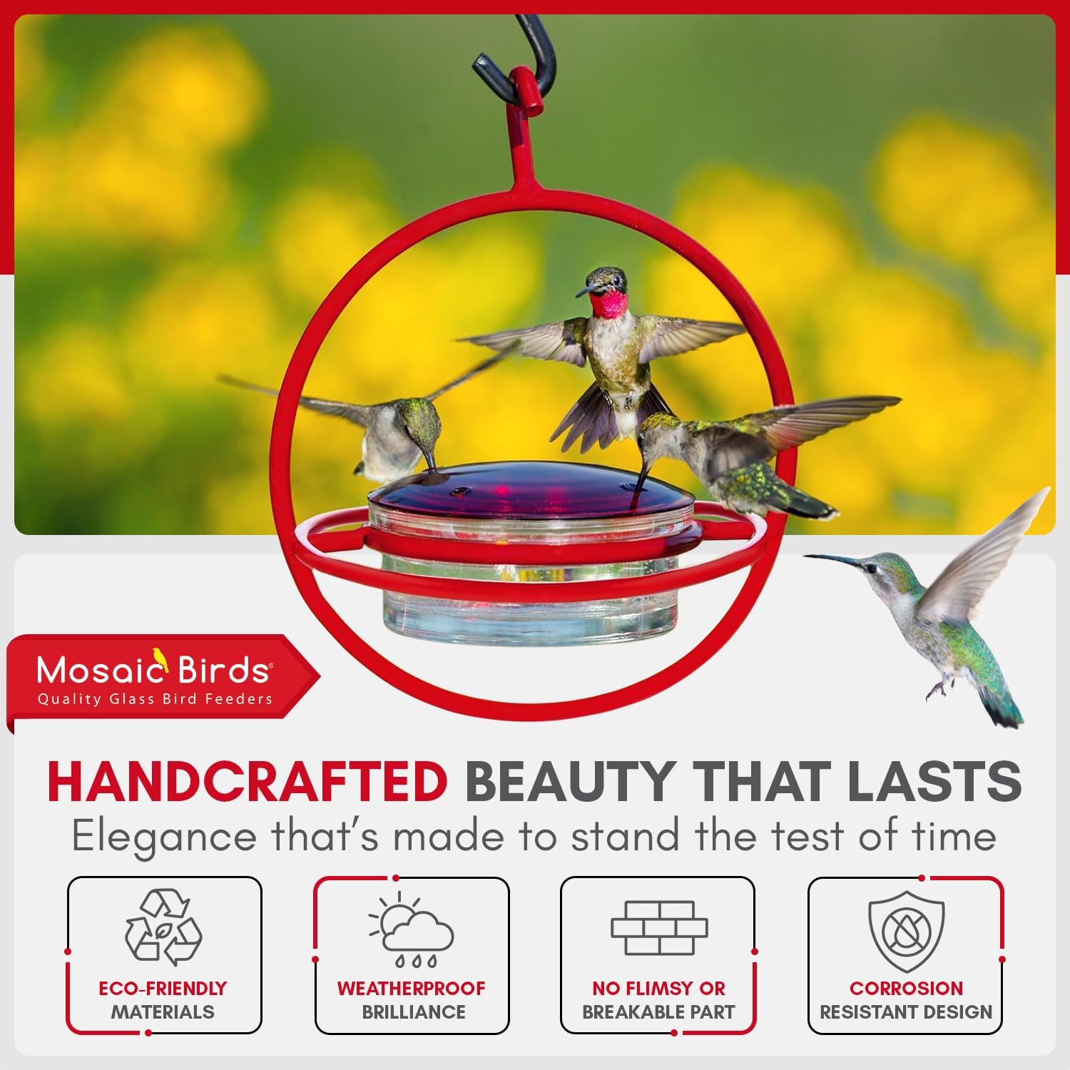 Hummingbird Feeder for Outdoors Hanging, 3.4 OZ Hummingbird Feeders, Glass Bowl with 4 Feeding Ports, Leak Proof Lid & Circular Perch, Bird Feeder (1, Red)