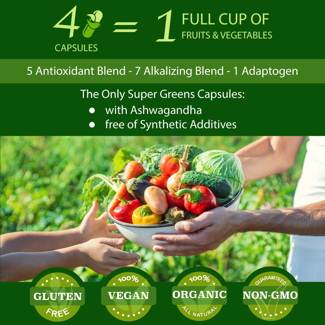FOLONA Organic Super Greens Capsules with Ashwagandha, Spirulina & Moringa