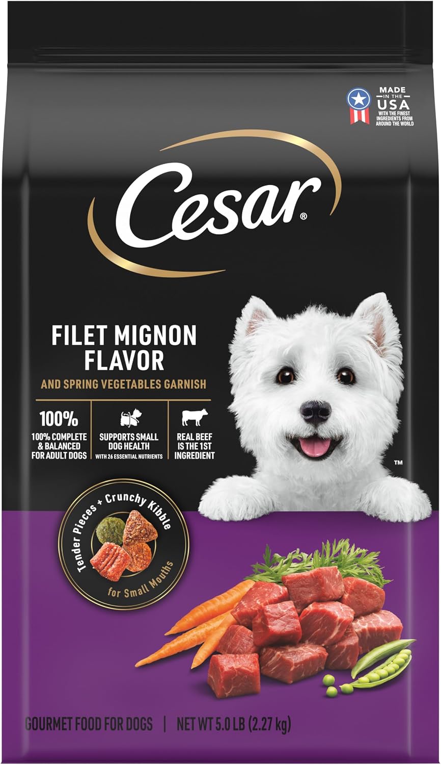 Cesar Small Breed Dry Dog Food, Chicken & Spring Vegetables Flavor, 5 lb | Made in USA, Real chicken #1 ingredient, 26 essential nutrients, supports small breed health, no artificial flavors