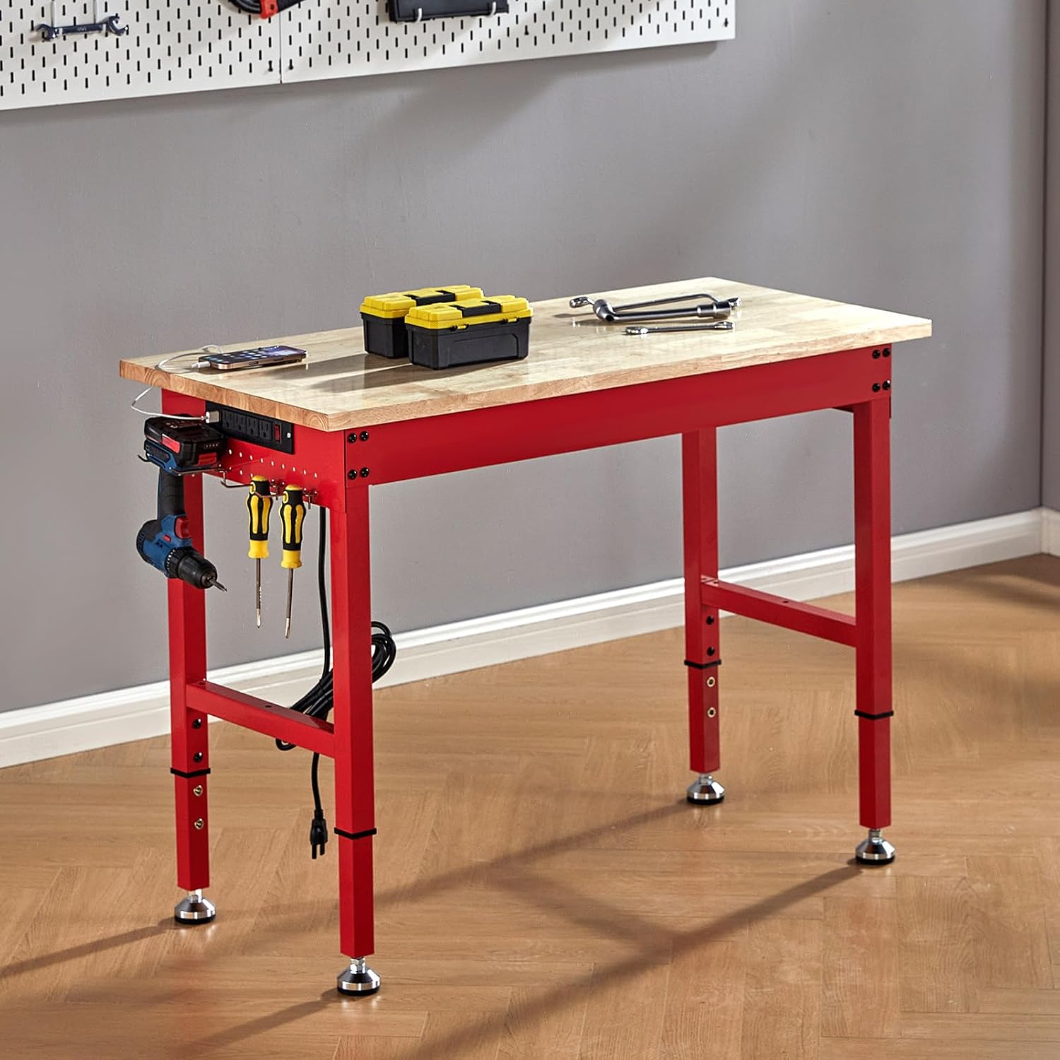 Albott 44 x 20-Inch Adjustable Workbench | 2000 Lbs Capacity, Solid Rubber Wood Top, Power Outlets and Hooks, for Garage, Workshop and Home Office, Black