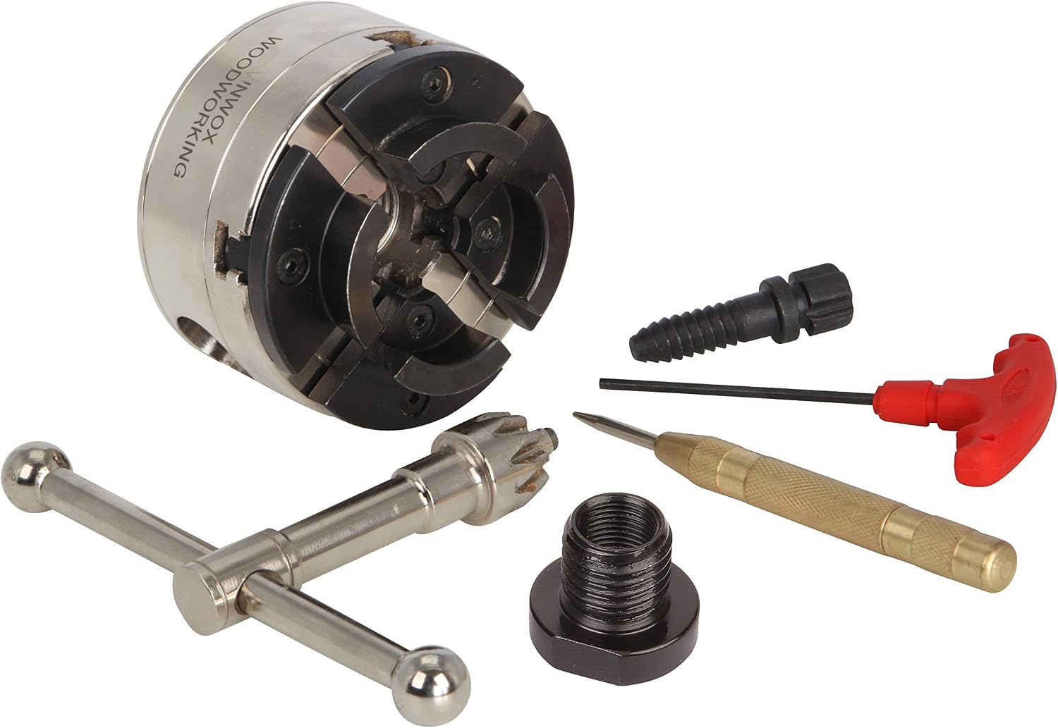4INCH 4-Jaw Self-Centering Wood Lathe Chuck, 2" Round Jaw Mounted, 1"x8TPI thread & 3/4"x16TPI Adapter, T Allen Wrench, Screw Chuck, SCR4-4