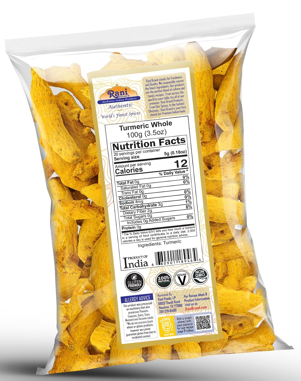 Rani Turmeric (Haldi) Root Whole Spice, Dried 7oz (200g) ~ All Natural | 100% Pure | Vegan | Gluten Friendly | NON-GMO | Kosher | Indian Origin
