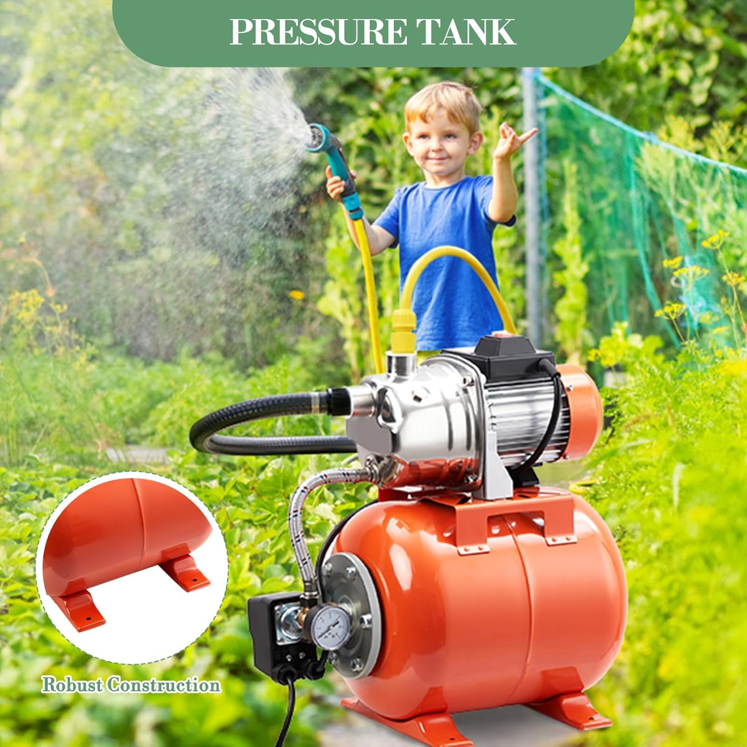 1HP Stainless Steel Water Transfer Pump with Well Pressure Tank – Shallow Well Pump & Irrigation Pump Combo, 130ft Max Lift, 20ft Suction Lift, Automatic Pressure Switch for Farm Use