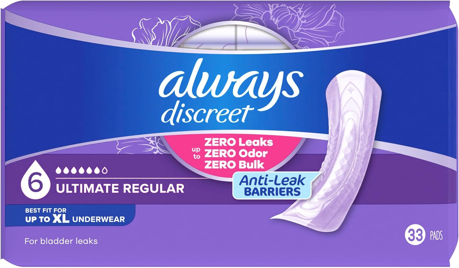 Always Discreet Adult Incontinence Pads for Women, Drier, 6 Drop Long Length, Extra Heavy Absorbency, Pads for Bladder Control Management, Bladder Leaks, & Postpartum Pads, 45ct