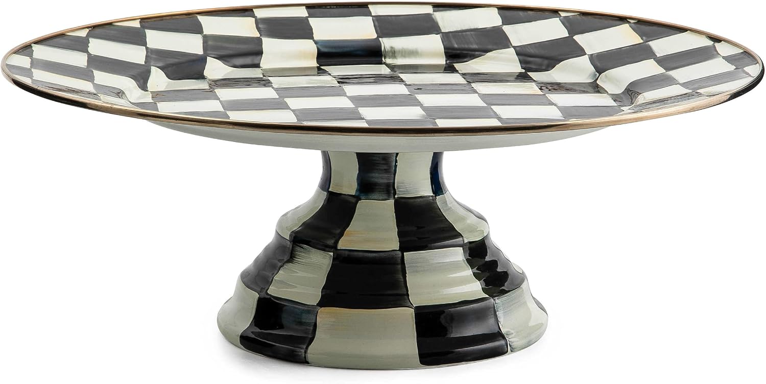 MACKENZIE-CHILDS Pedestal Platter, Mini, Black-and-White Courtly Check | Hand-painted design, made from enameled steel, stackable round cake stand for serving desserts, 8" dia. x 3" H