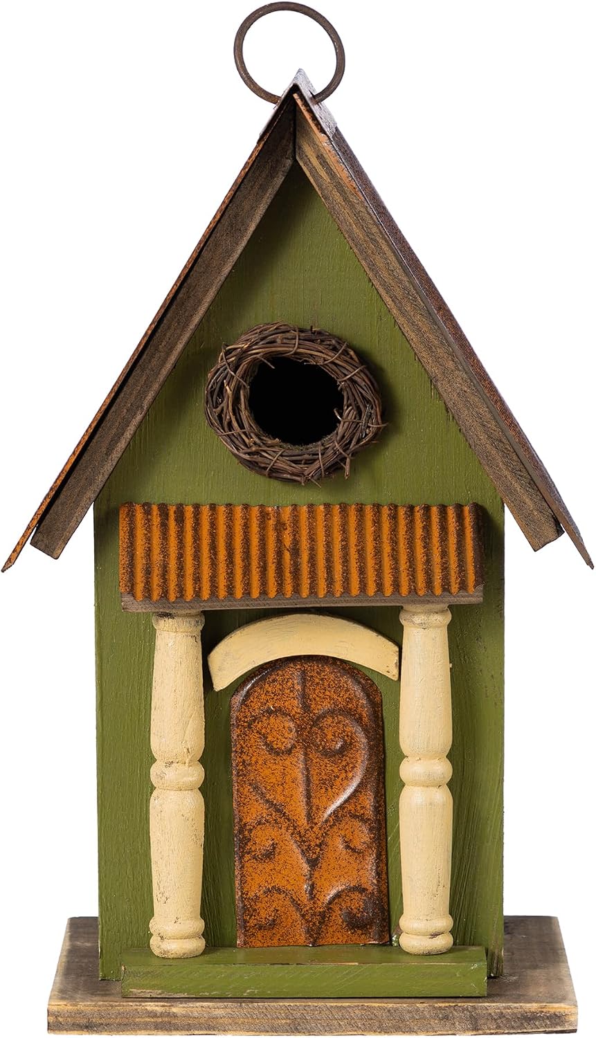 Glitzhome Bird Houses for Outside,10" H Rustic Wooden Bird House Garden Distressed Decorative Birdhouse for Outdoors, Hanging Birdhouse for Bluebird Hummingbird Wren Finch Cardinals Cedar