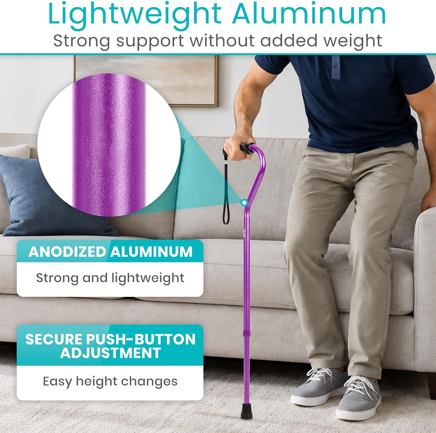 Vive Walking Cane for Women, Men, Elderly - Patented Offset Grip - Lightweight Adjustable Walking Aid with a Non-Slip Tip - Sturdy Balancing Mobility Aid for Seniors