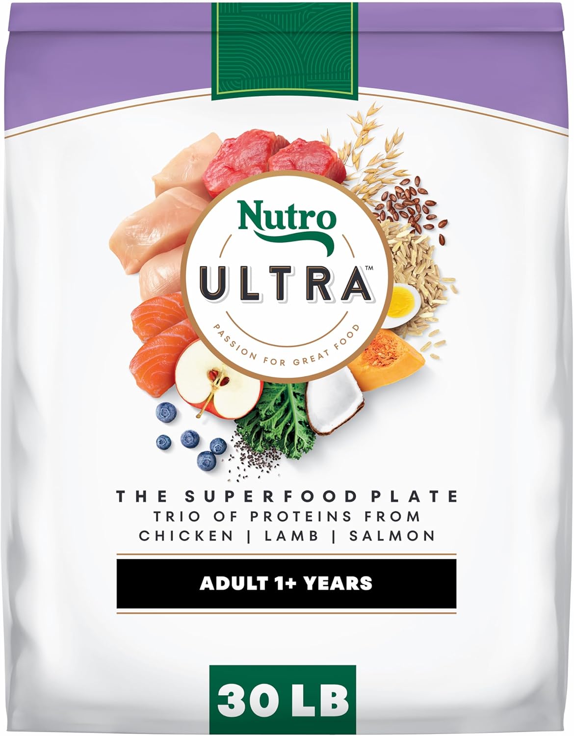 Nutro Ultra Dry Dog Food, Chicken, Lamb & Salmon Recipe, 30 lb | Trio of proteins, blend of 14 superfoods, omega 3 & 6 for radiant coat, antioxidants for immunity, natural fiber, non-GMO