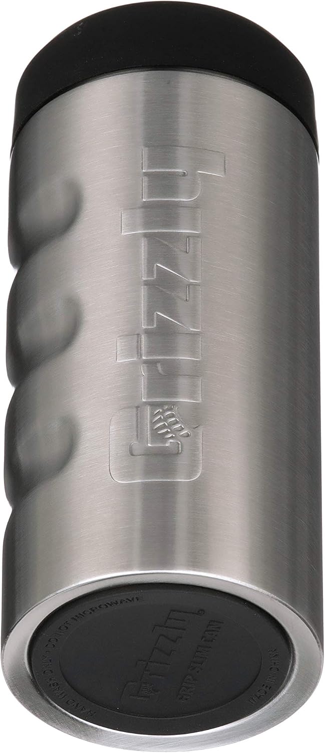 Grizzly Grip Slim Can, 12 oz Stainless Steel Can Cooler, Brushed Stainless