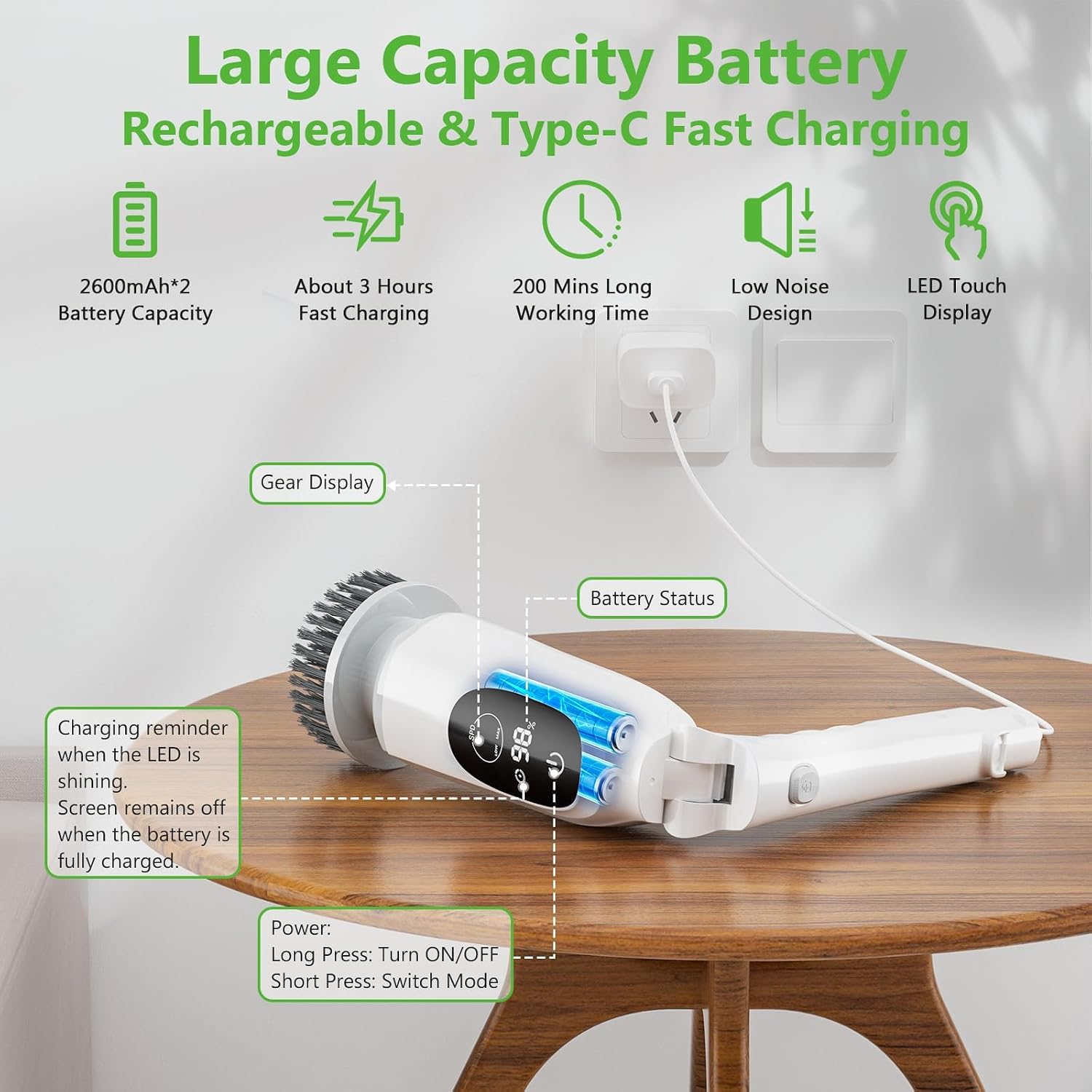 Electric Spin Scrubber, Bathroom Scrubber with Aluminum Alloy Handle | 3H Work Time, Cordless Cleaning Brush with 3-Speed, IPX7 Waterproof