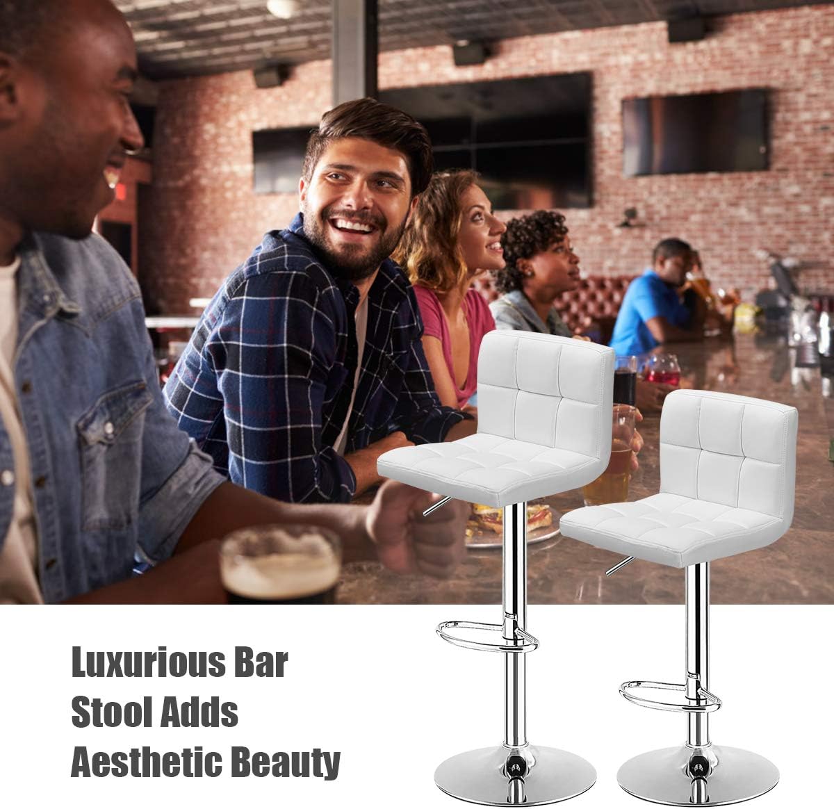 COSTWAY Bar Stool, Modern Swivel Adjustable Height PU Leather Barstools with Back, Square Armless Counter Height Bar Chair for Kitchen Island Dining Living Bistro Pub Counter, Black