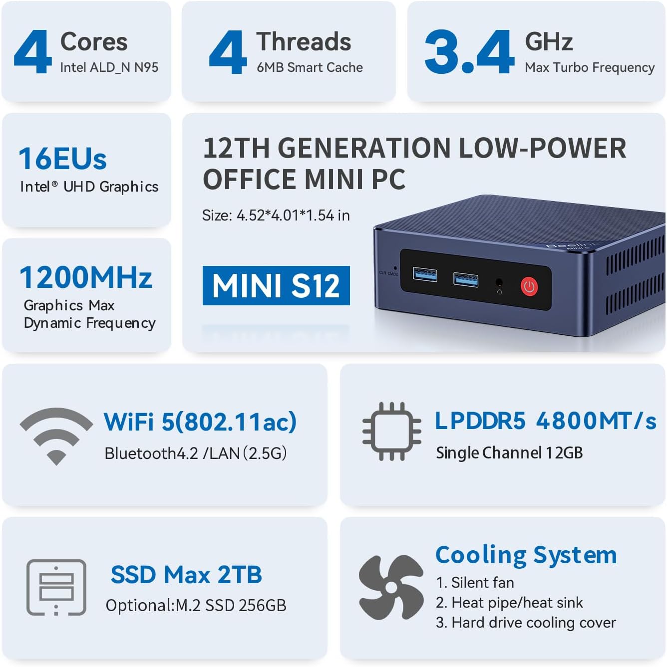 Beelink Mini PC, MINI S12 Intel Lake N95 4C/4T, 8GB DDR4 RAM 256GB SSD