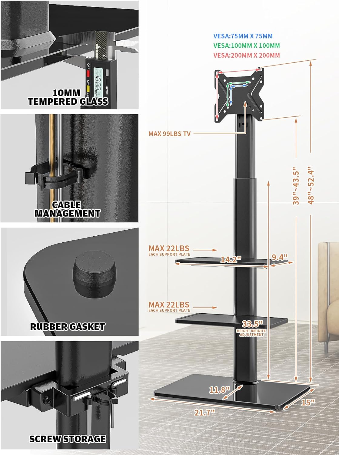 Universal TV Stand Monitor with Mount 100 Degree Swivel Height Adjustable and Tilt Function for 19 to 43 inch LCD, LED OLED TVs,Space Saving Standing Bedroom Living Room Corner,Black